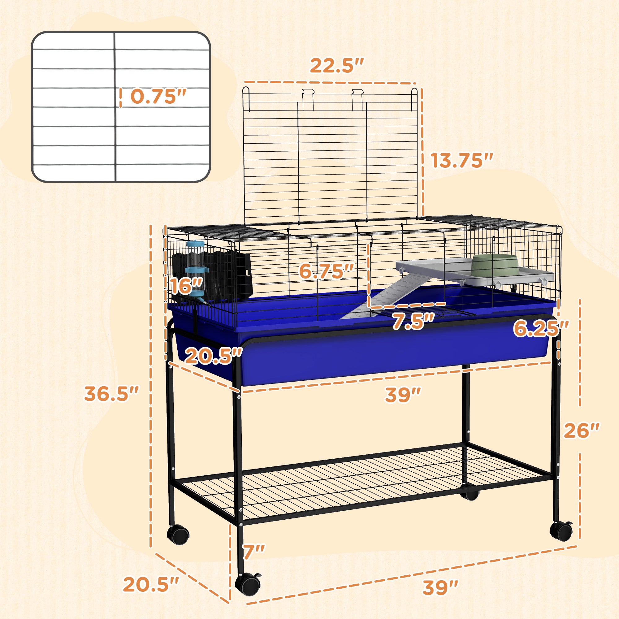 Two-Story Small Animal Cage Removable from Stand, Pet Habitat with Shelf & Wheels, 39" x 20.5" x 36.5", Blue - Blue - Image 3