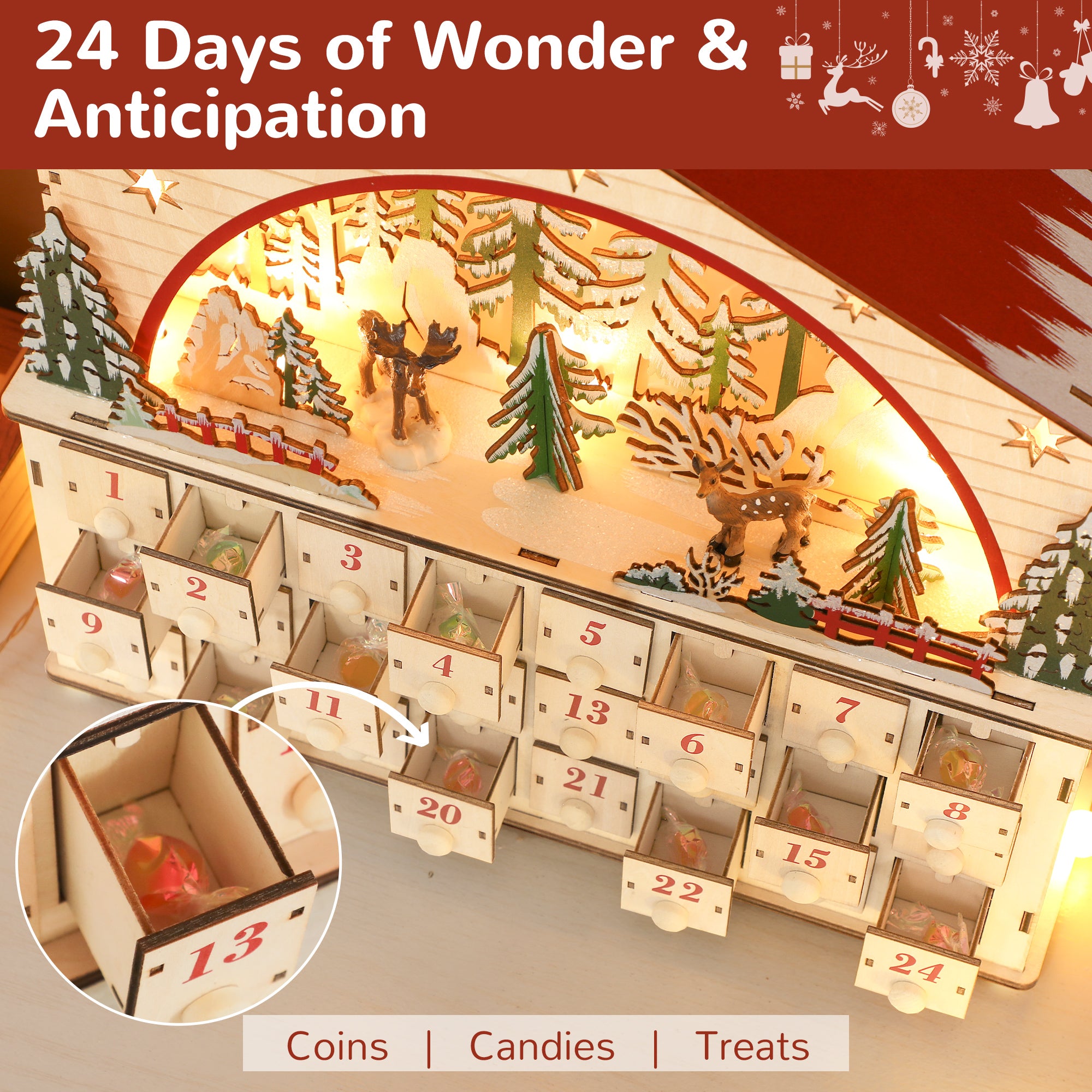Christmas Advent Calendar with 24 Countdown Drawers and LED Lights, Wooden Advent Calendar House, Battery Operated