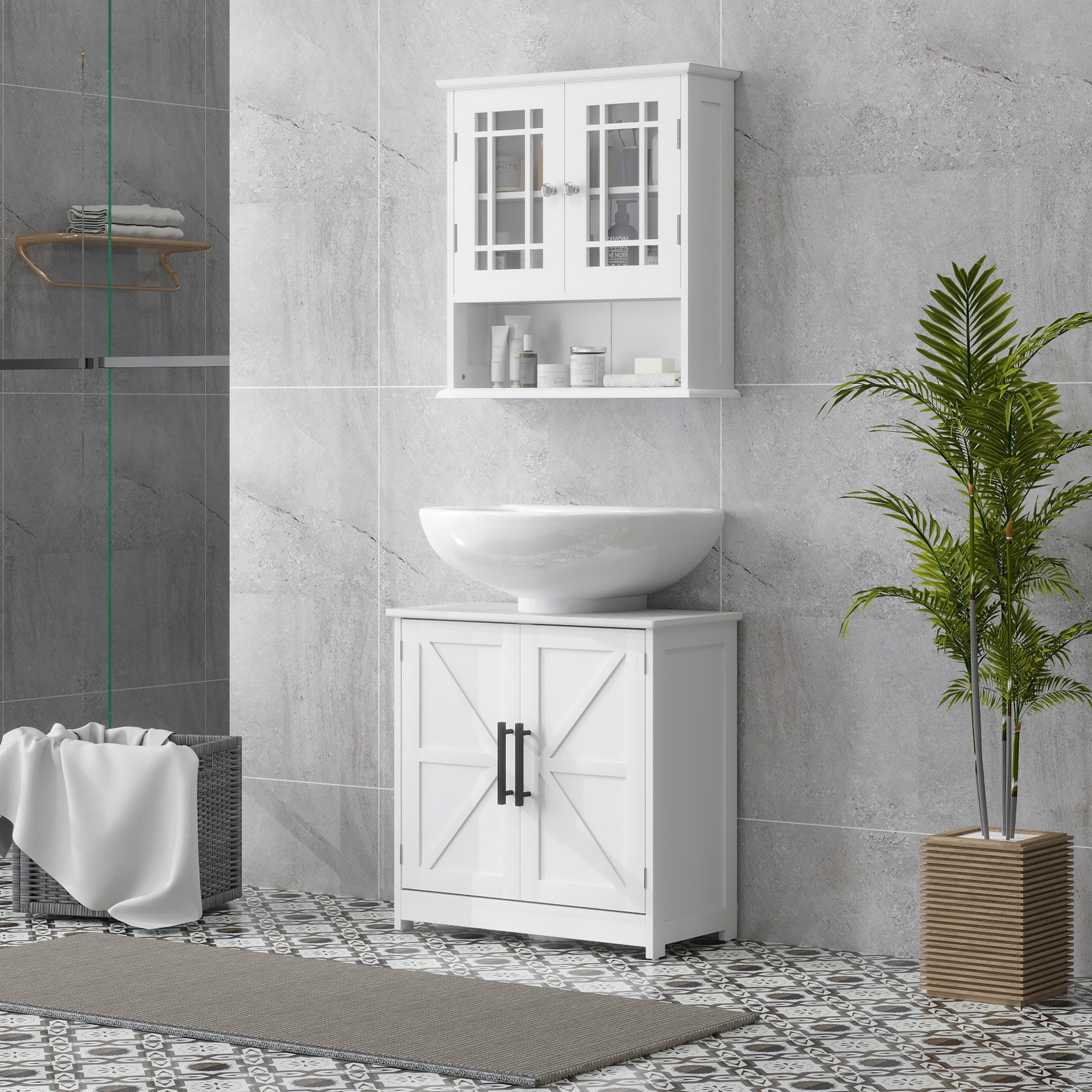 Farmhouse Pedestal Sink Storage Cabinet, Bathroom Sink Cabinet with 2 Barn Doors and Adjustable Shelf, White