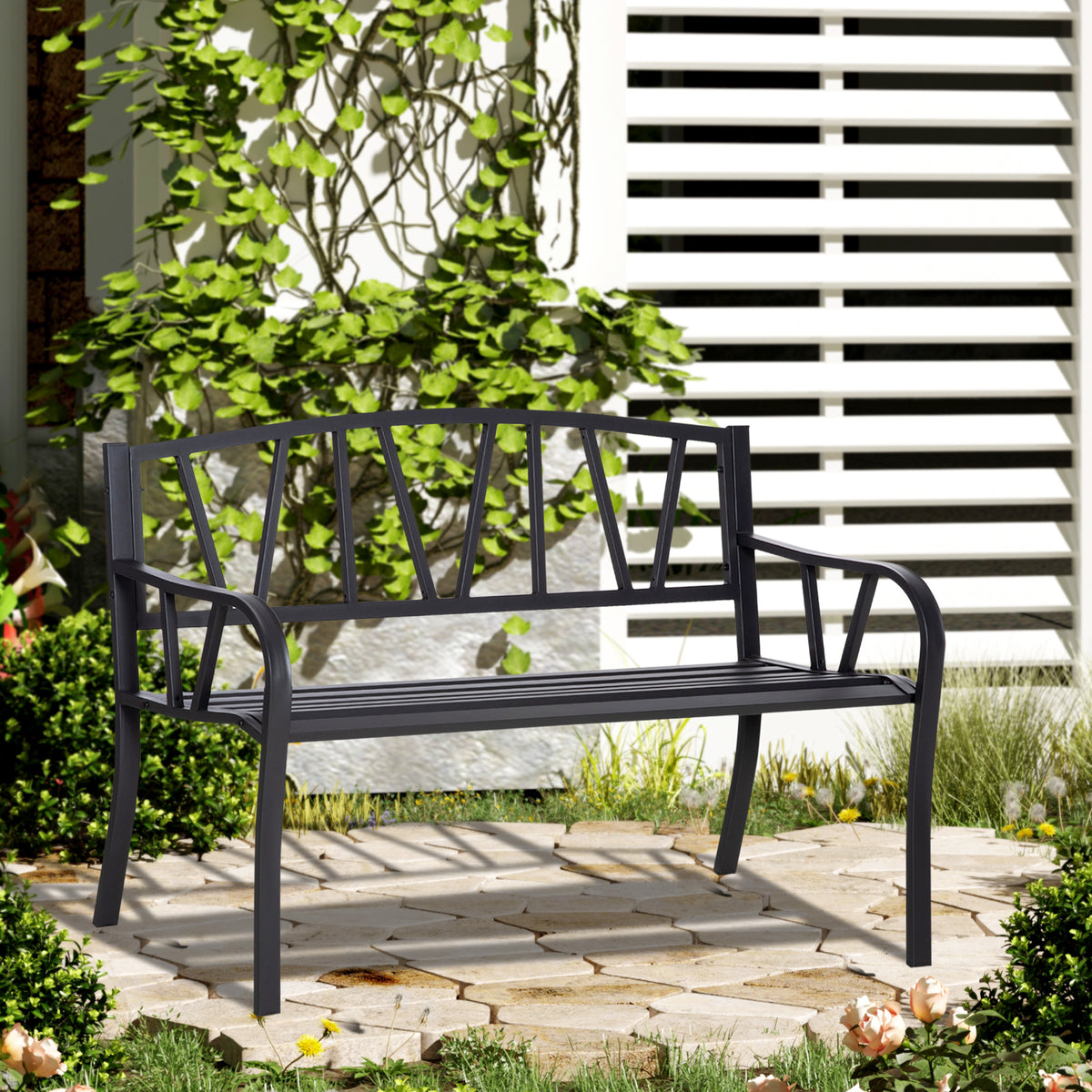 50" Outdoor Bench, Metal Garden Bench with V-Shaped Pattern Backrest, Porch Bench with Slatted Seat for Park, Yard, Lawn, Black