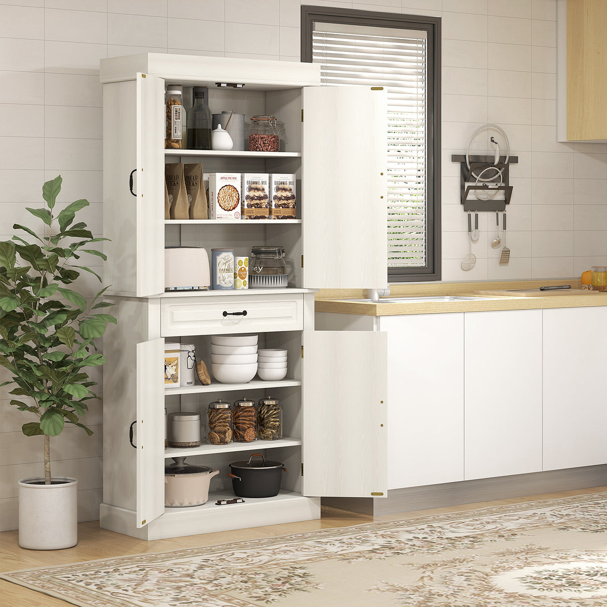 71" Freestanding Kitchen Pantry with 4 Doors and 2 Large Cabinets, Tall Storage Cabinet with Drawer, Distressed White