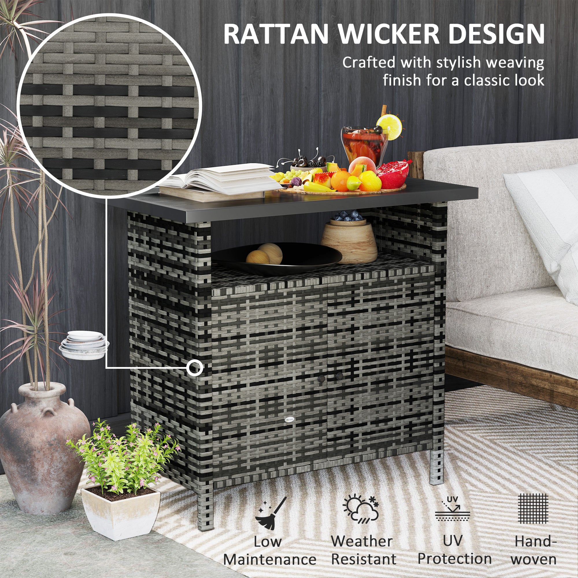 Wicker Outdoor Storage Cabinet with Two Doors and Shelf for Outdoor Pool Towel Storage, Mixed Gray - Mixed Gray - Image 5