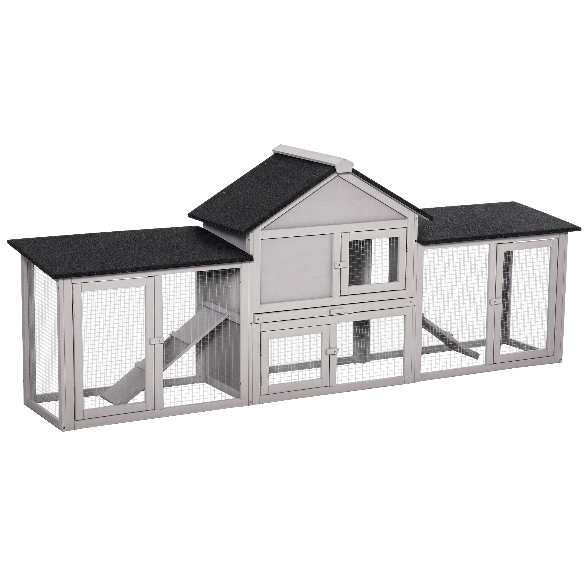 Outdoor Rabbit House 83" 2 Story Deluxe XL Wooden Rabbit Hutch Big Bunny Cage w/ Ladder and Run, Gray - Grey