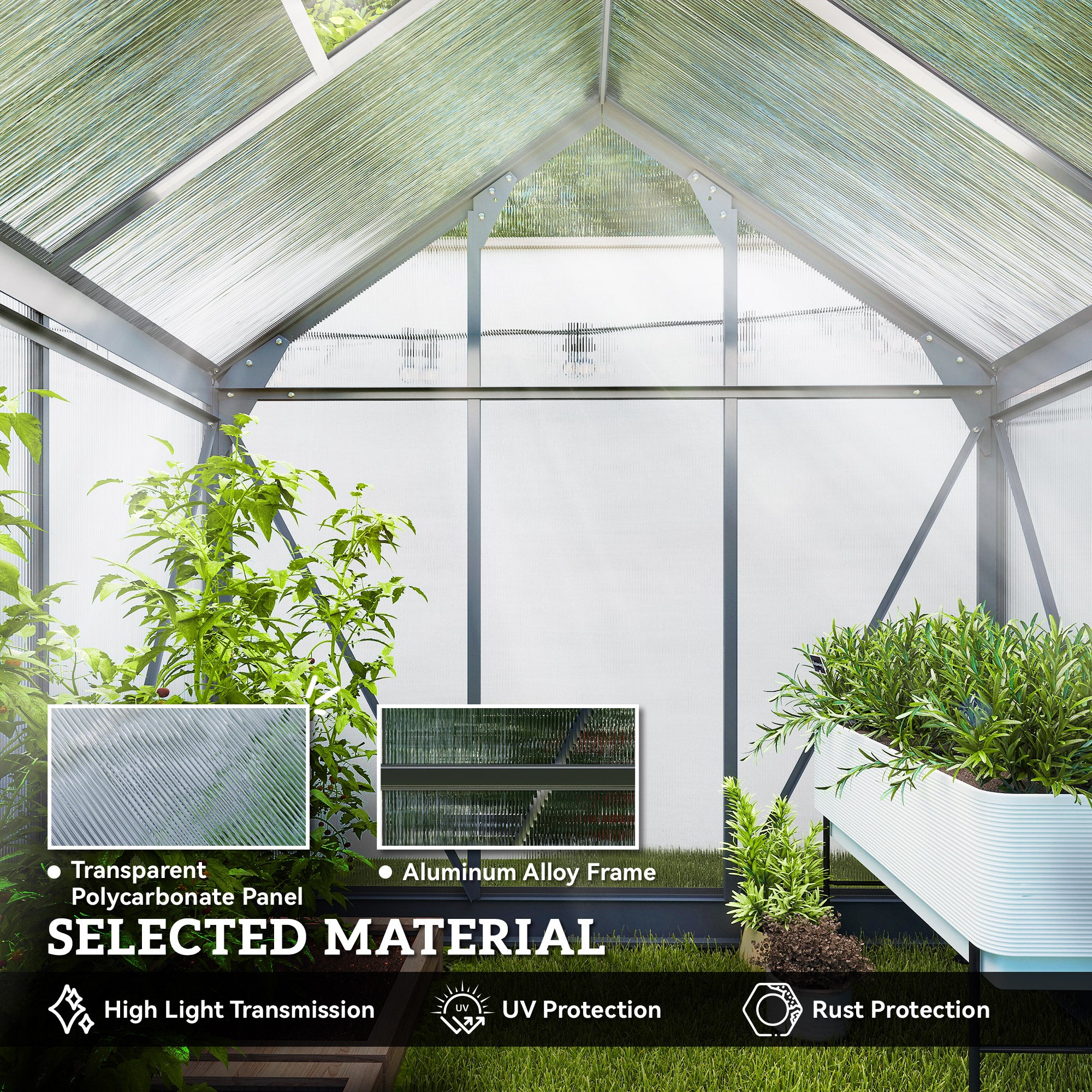 Polycarbonate Greenhouse, Heavy Duty Outdoor Aluminum Walk-in Green House Kit Vent Door, 6.2'x4.3'x6.6' Gray - Gray - Image 5
