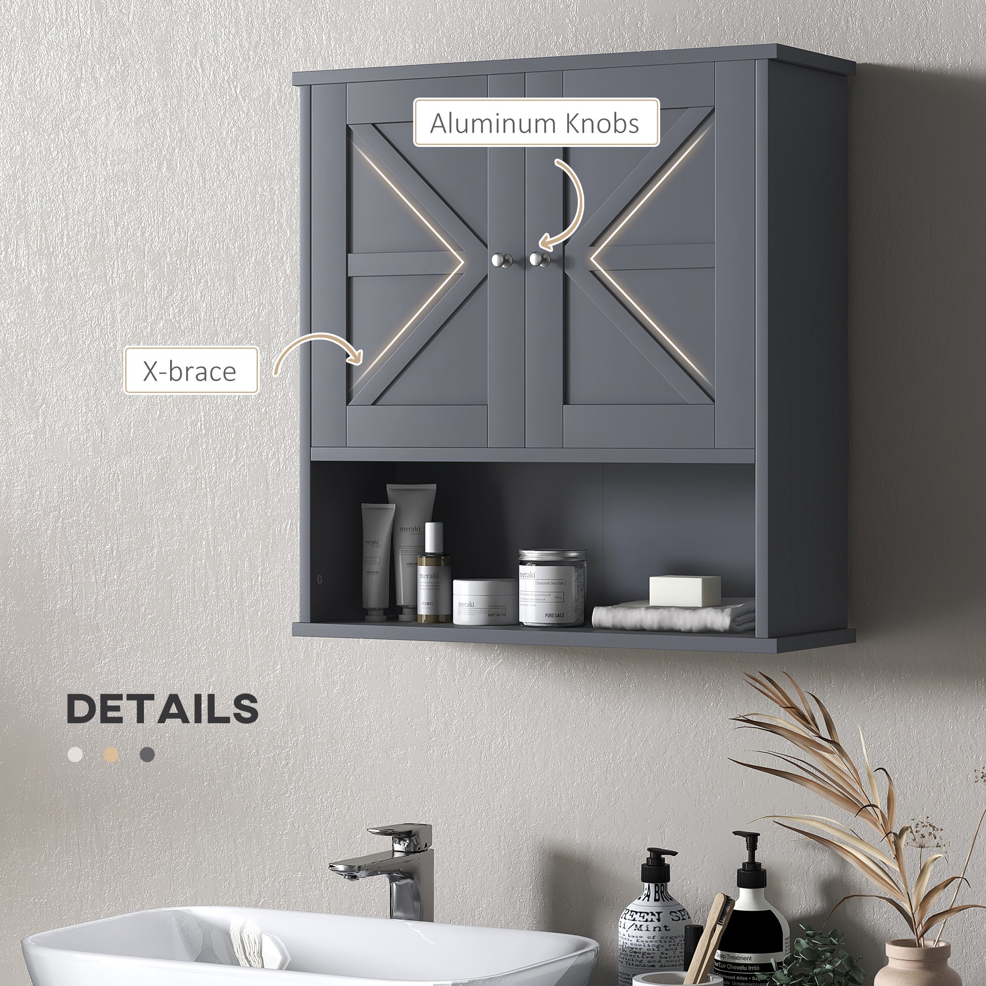 Farmhouse Bathroom Medicine Cabinet, Wall Cabinet with Barn Doors and Adjustable Shelf for Laundry Room, Gray