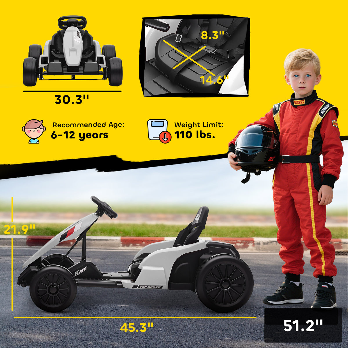 Qaba 24V Electric Go Kart with Dual 150W Motors, Adjustable Seat & 11.2MPH High Speed, Slow Start, 5-Point Harness, White
