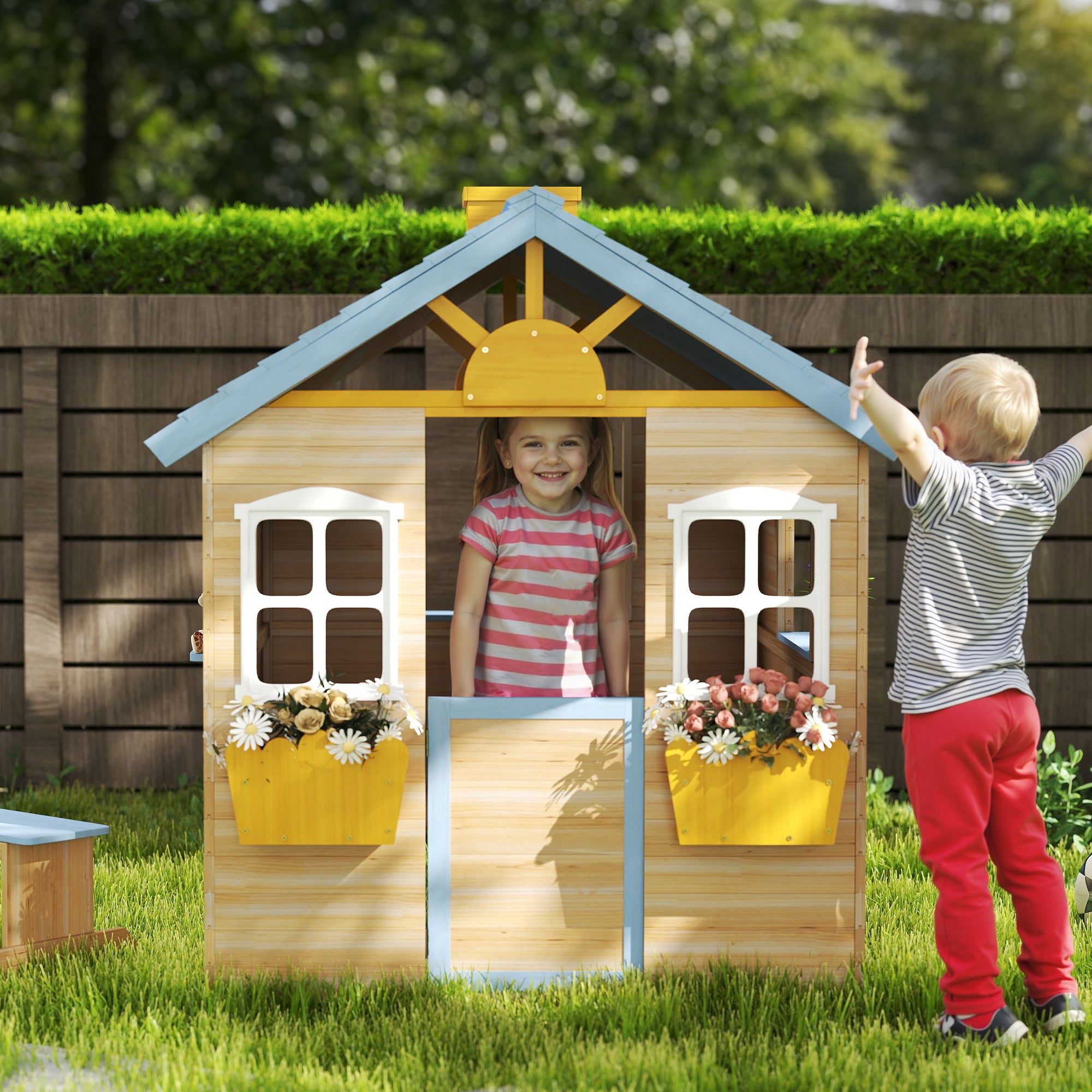 Wooden Playhouse for Kids Outdoor Garden with Working Door, Windows, Bench, Service Station, Flowers Pot Holder, Blue