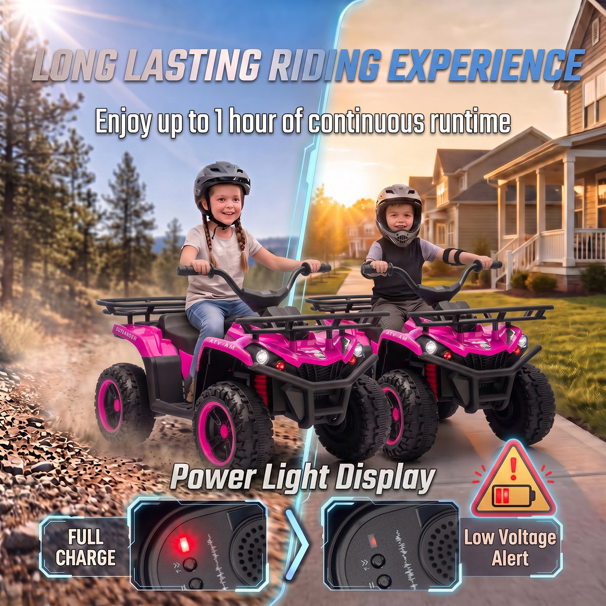 12V Ride on ATV, 4 Wheeler for Kids with Dual Motors, Soft Start, Battery Display, Music, Lights for 3-8 Years, Pink