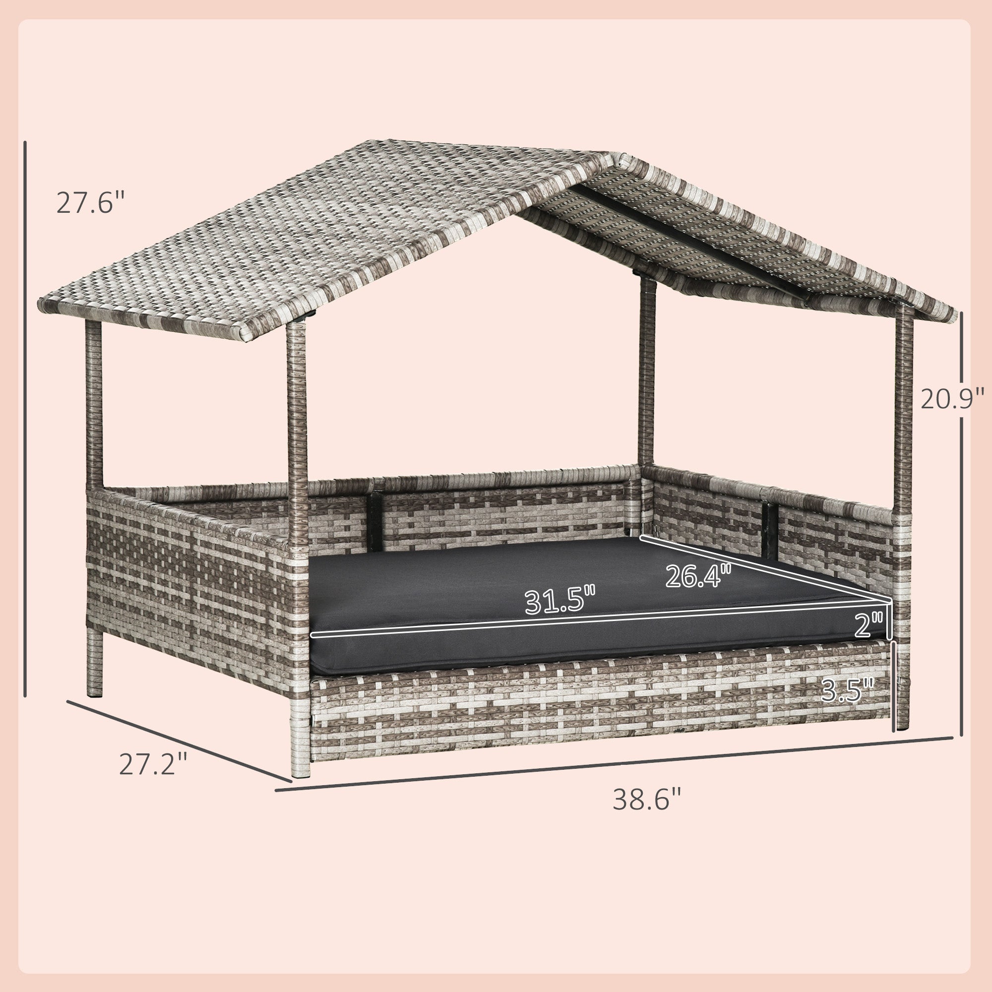 Wicker Dog House Elevated Raised Rattan Bed with Removable Cushion Lounge, Charcoal Gray - Gray - Image 3