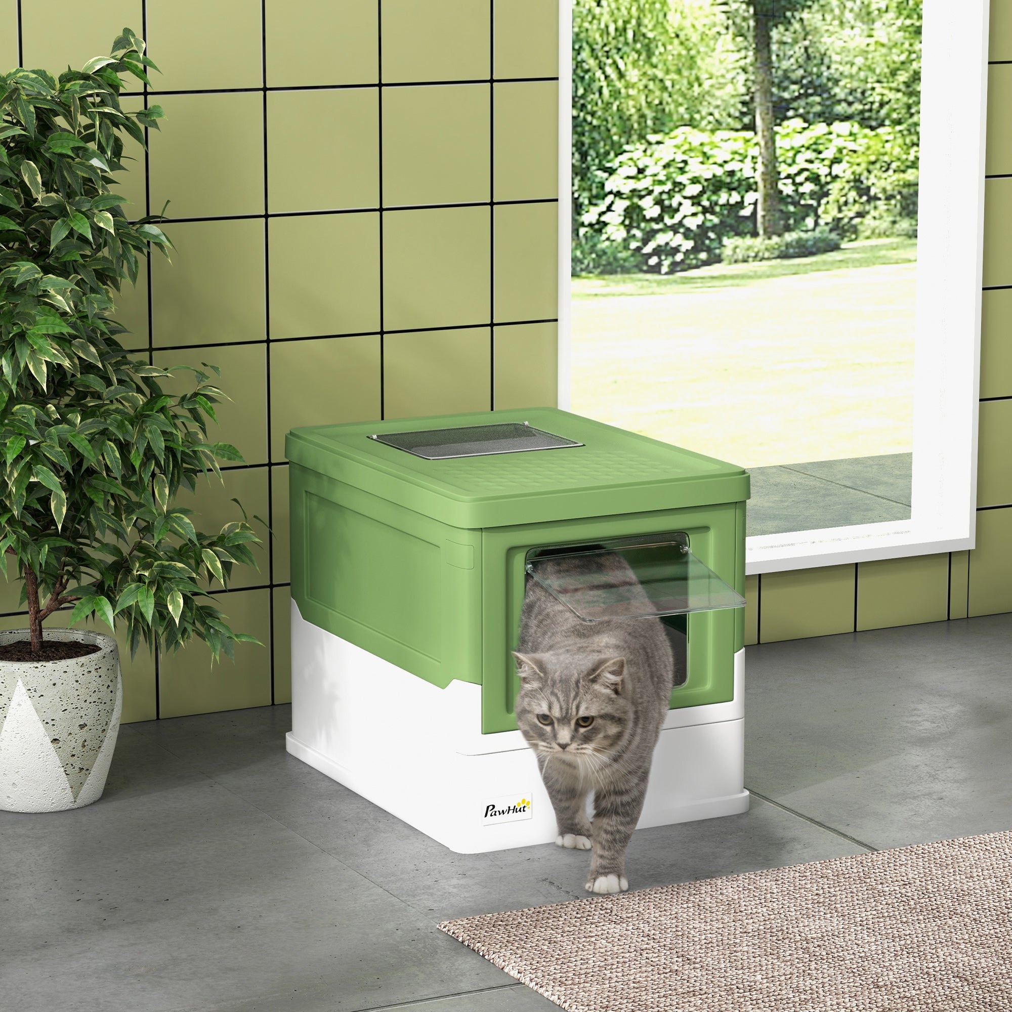 Fully Enclosed Cat Litter Box with Front Entry, Top Exit, Yellowish Green - Yellowish Green - Image 2