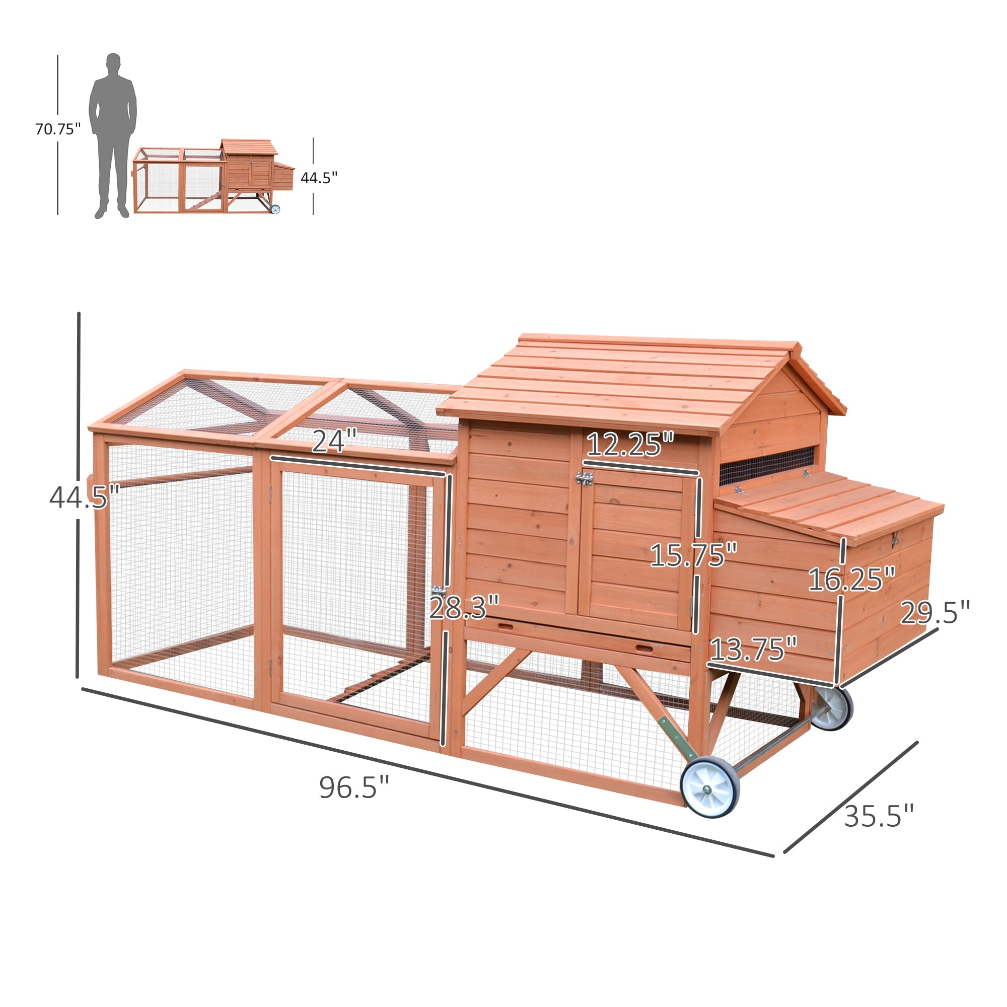 96.5" Chicken Coop Wooden Hen House Poultry Cage Pen Portable with Wheels and Nesting Box, Chicken Cage for Backyard Outdoor, Natural - Brown - Image 3