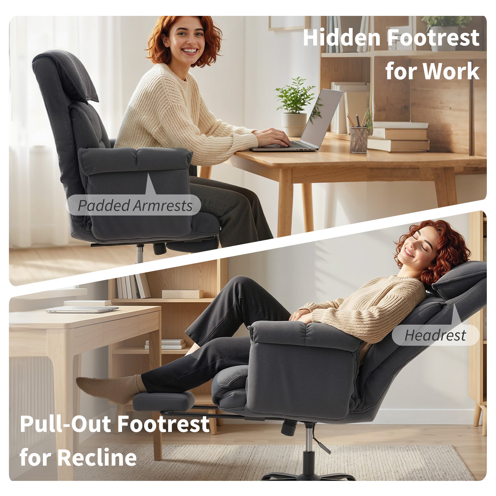 High Back Office Chair, Reclining Desk Chair with Footrest, High Resilience Foam, Rolling Wheels, Dark Gray