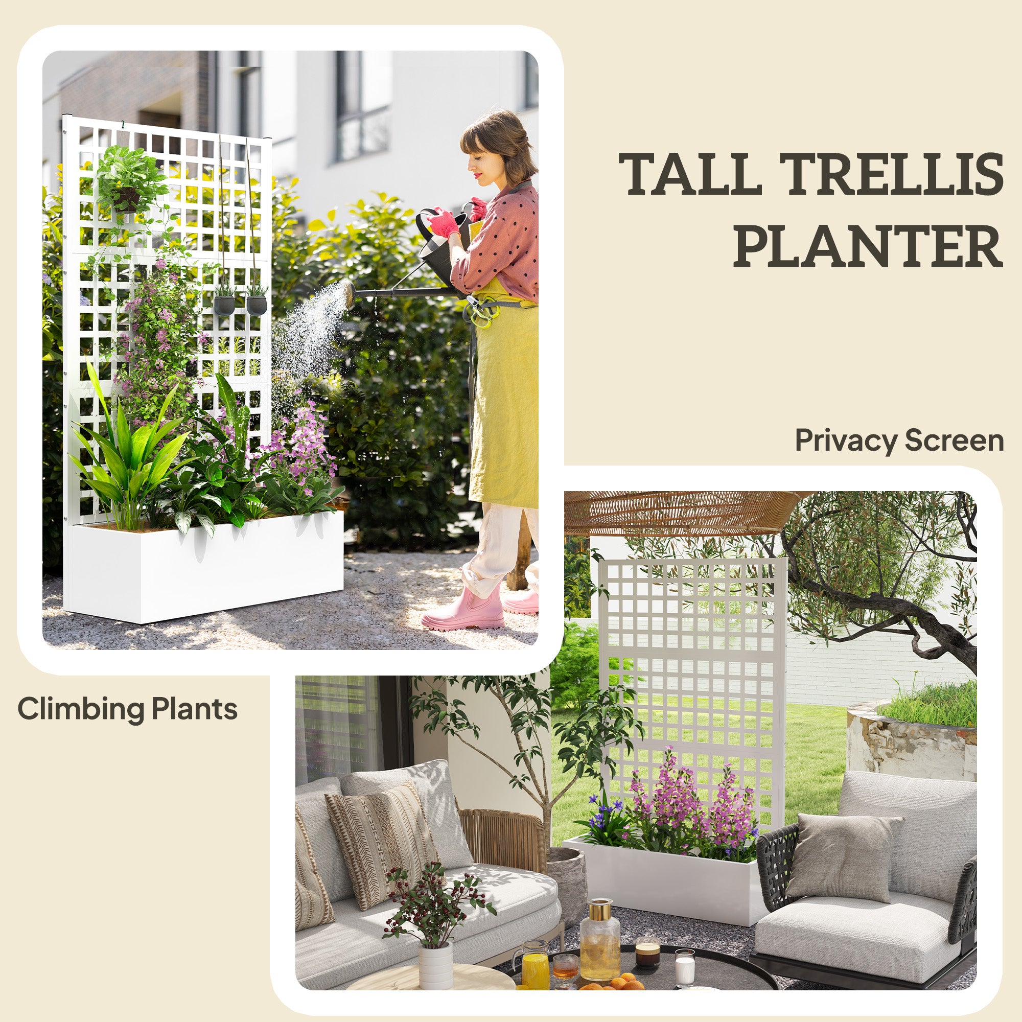 Galvanized Raised Garden Bed Planter Box with Trellis for Climbing Plants, Vegetable, Vines, 43" x 16" x 70", White - White - Image 5