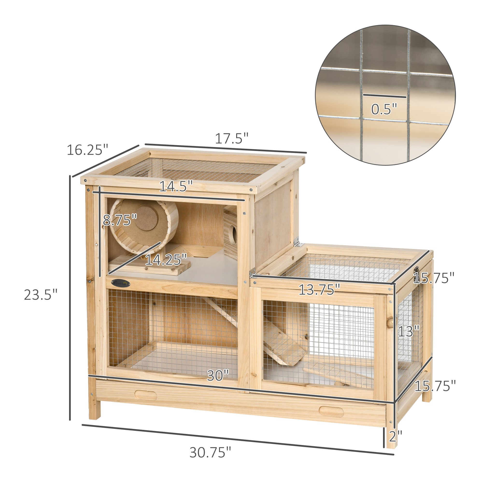 2-Tier Wooden Hamster Cage, Small Animals Hutch, w/ Seesaw, Tray - Natural Wood - Image 3