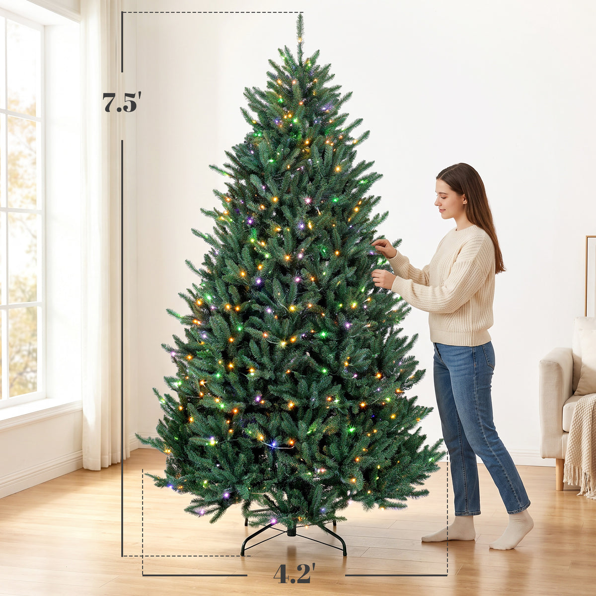 7.5ft Prelit Christmas Tree, Colorado Blue Spruce, Easy Plug, Hinged Xmas Tree with Warm White & Multi-Color LED Lights