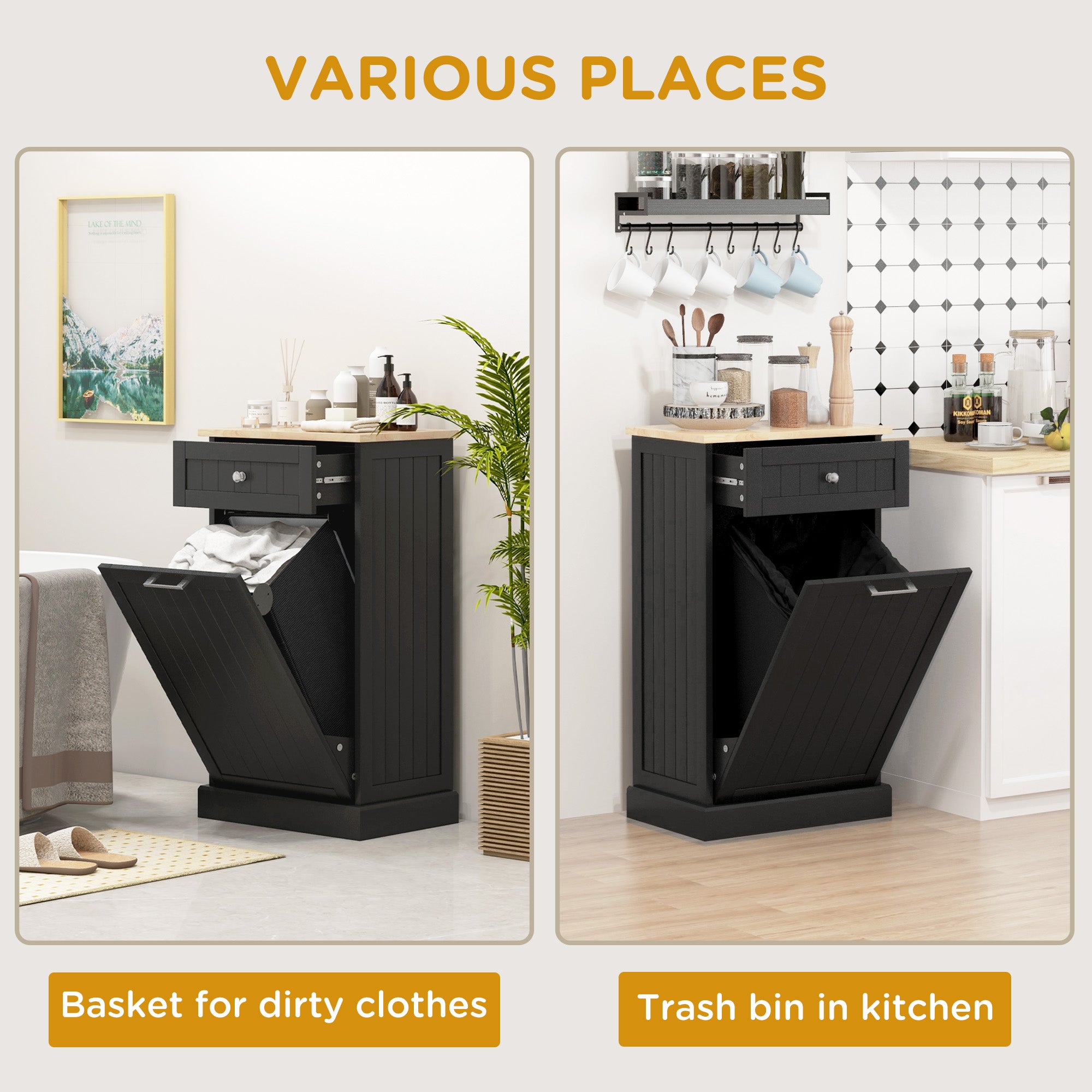10 Gallon Tilt Out Trash Cabinet, Wooden Hidden Trash Can with Storage Drawer for Kitchen, Laundry Hamper Cabinet for Bathroom, Black