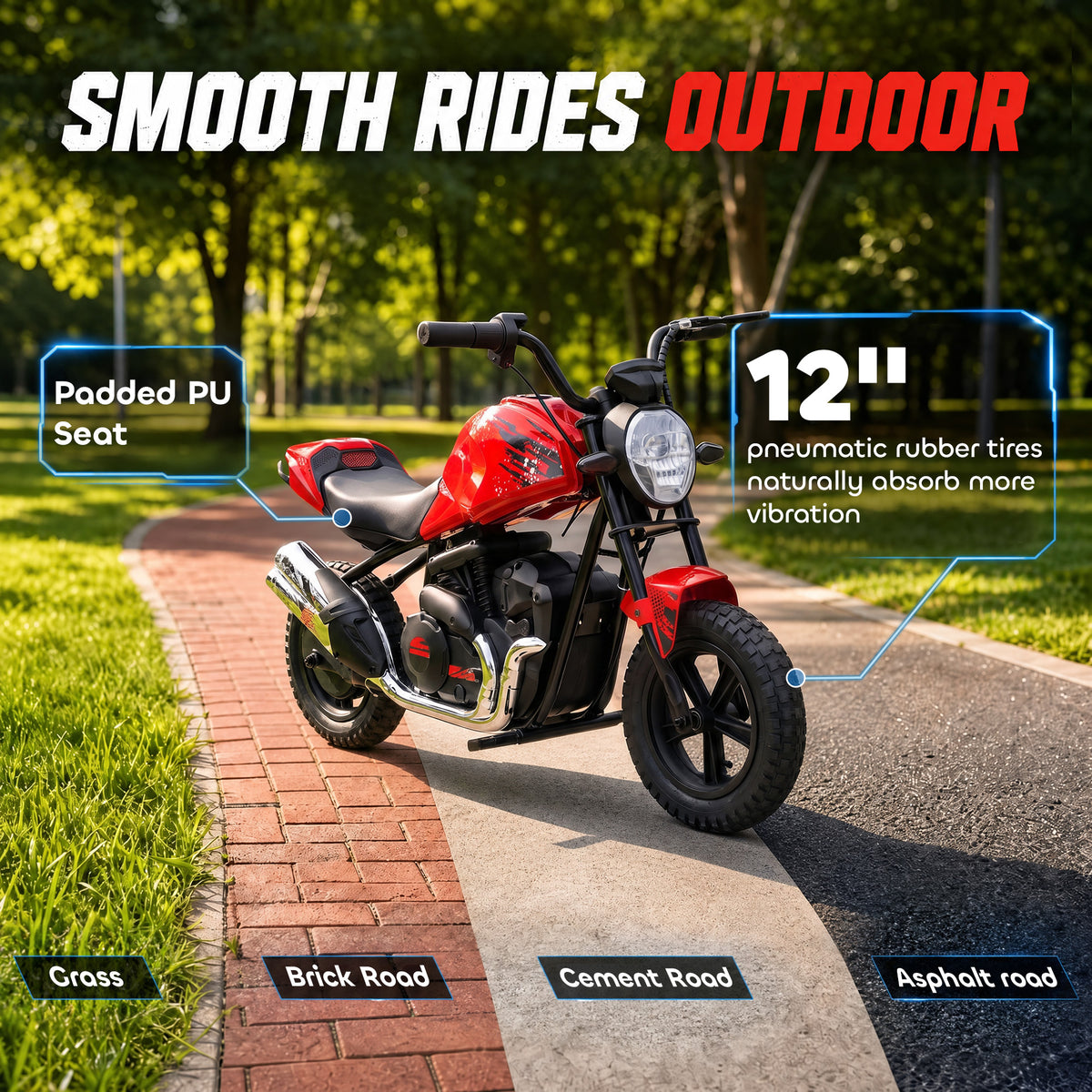 24V Kids Electric Motorcycle with 180W Motor, 12" Rubber Tires, Up to 11MPH, Twist Throttle for Ages 6-12, Red