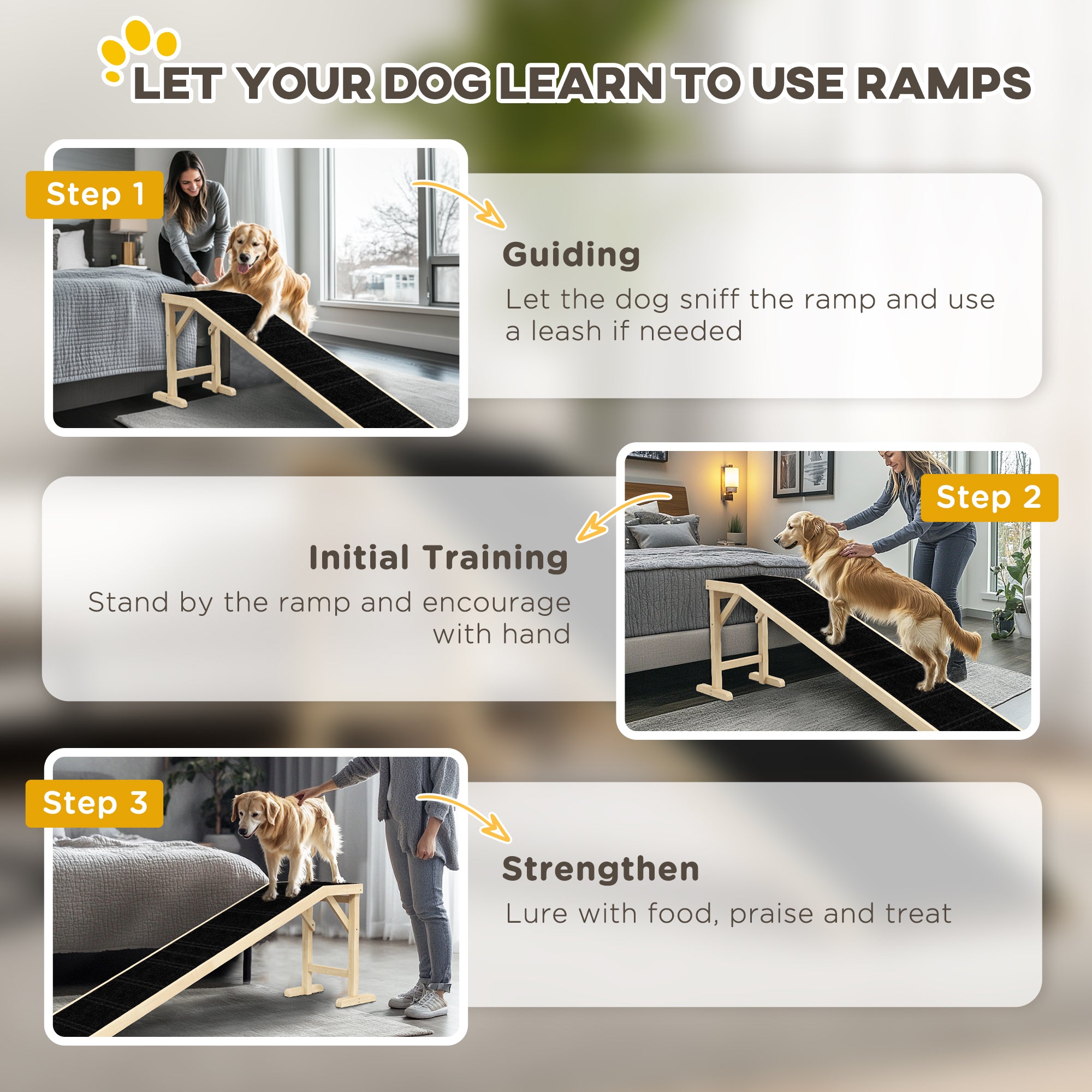 Dog Ramp for Bed, Pet Ramp for Dogs with Non-Slip Carpet and Top Platform, 74" x 16" x 25", Natural - Natural Wood - Image 7