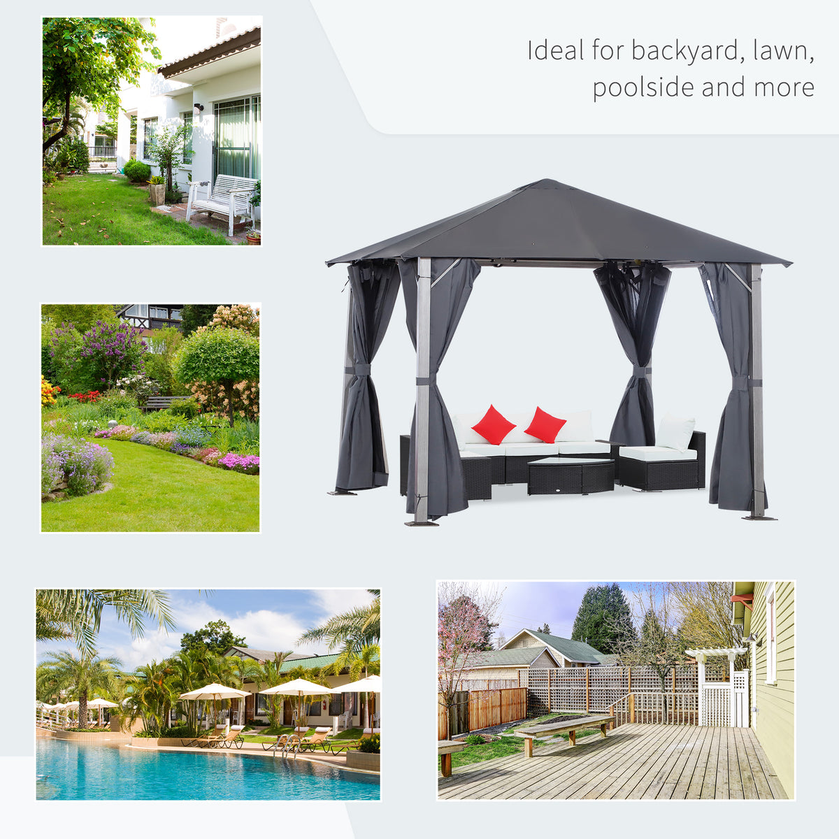 10' x 10' Patio Gazebo, Outdoor Gazebo Canopy Shelter with Netting & Curtains, Vented Roof, for Garden, Lawn, Backyard and Deck, Dark Gray