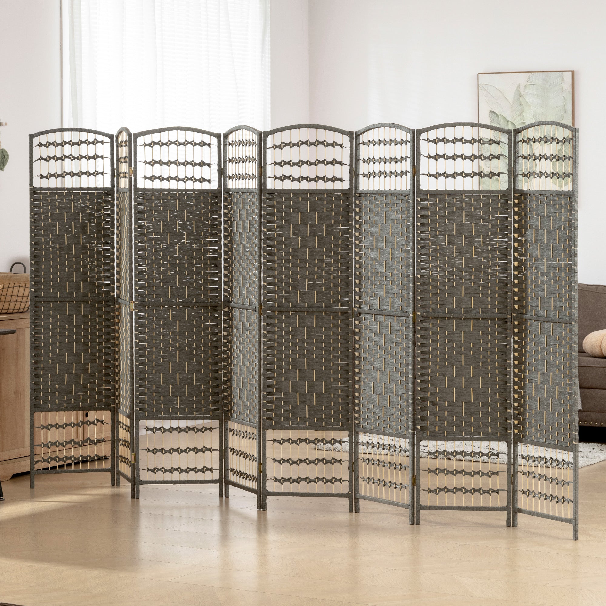 8 Panel Folding Room Divider Portable Privacy Screen Wave Fiber Room Partition for Home Office Dark Gray