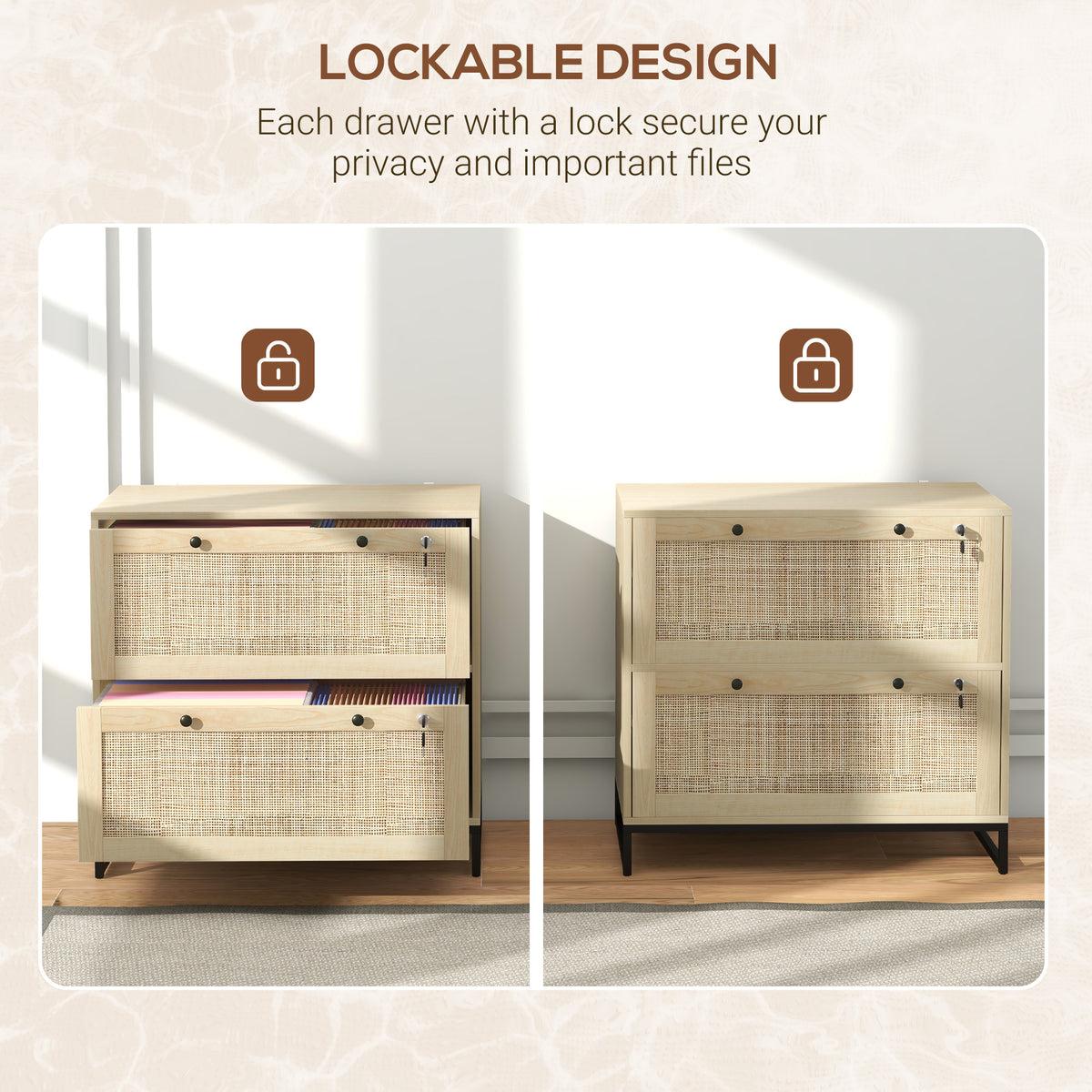 Lockable Filing Cabinet, Boho 2 Drawer File Cabinet with Adjustable Hanging Bar for Letter, A4 and Legal Size, Natural