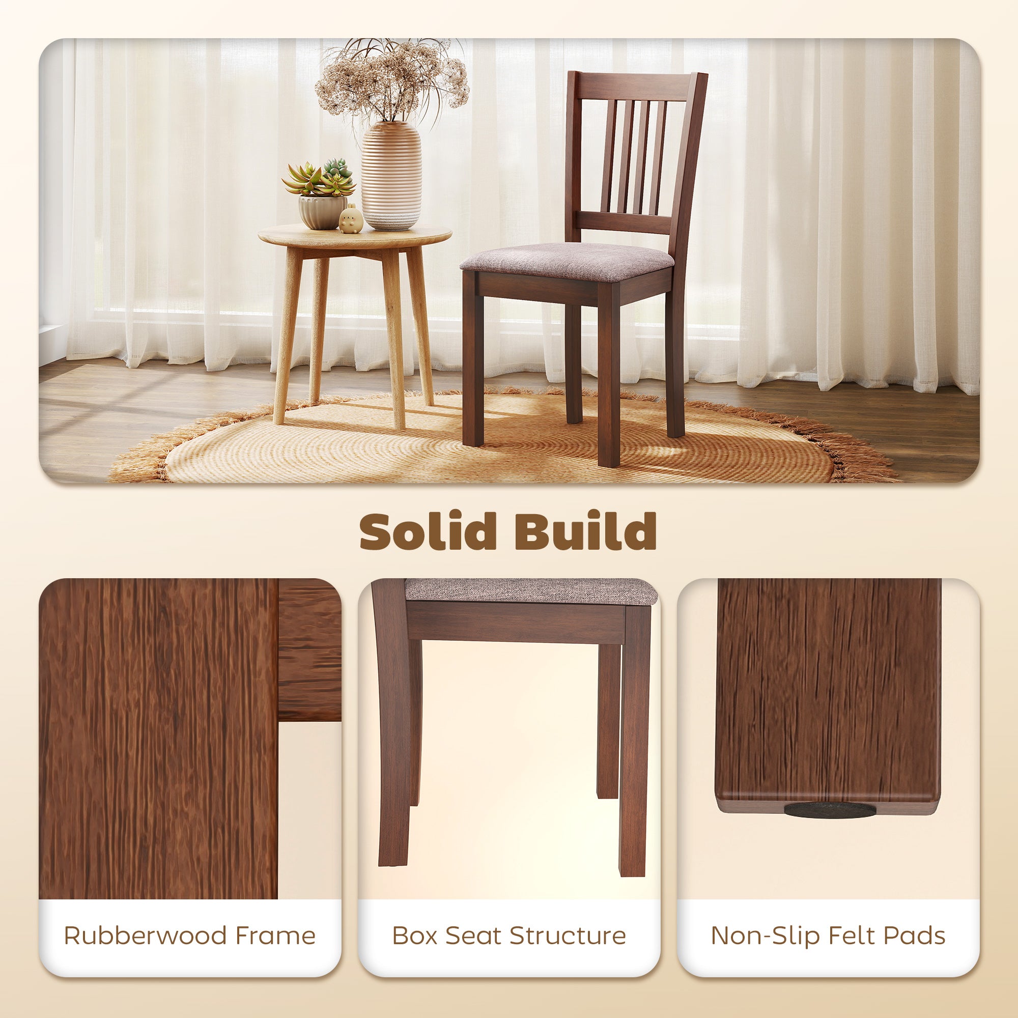 Dining Chairs Set of 2 Linen Upholstered Kitchen Chairs with Rubberwood Legs for Dining Room Living Room Walnut Taupe