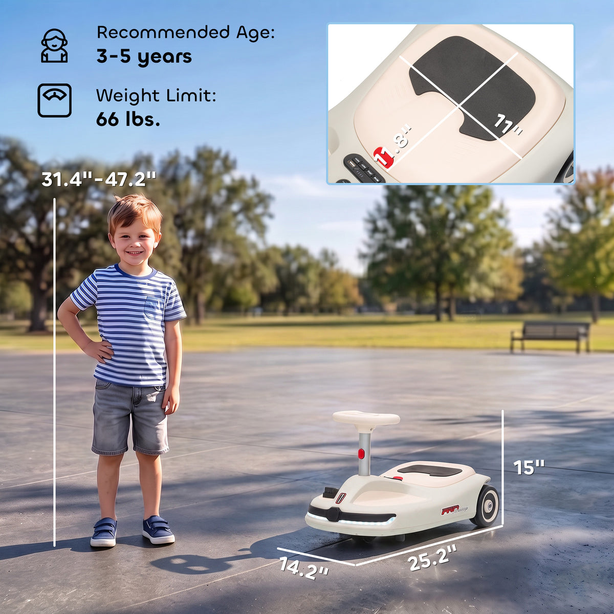 12V Electric Wiggle Car with Pedal, Kids Ride On Car with 2 Speeds, Soft Start, Music, Lights for 3-5 Years, White