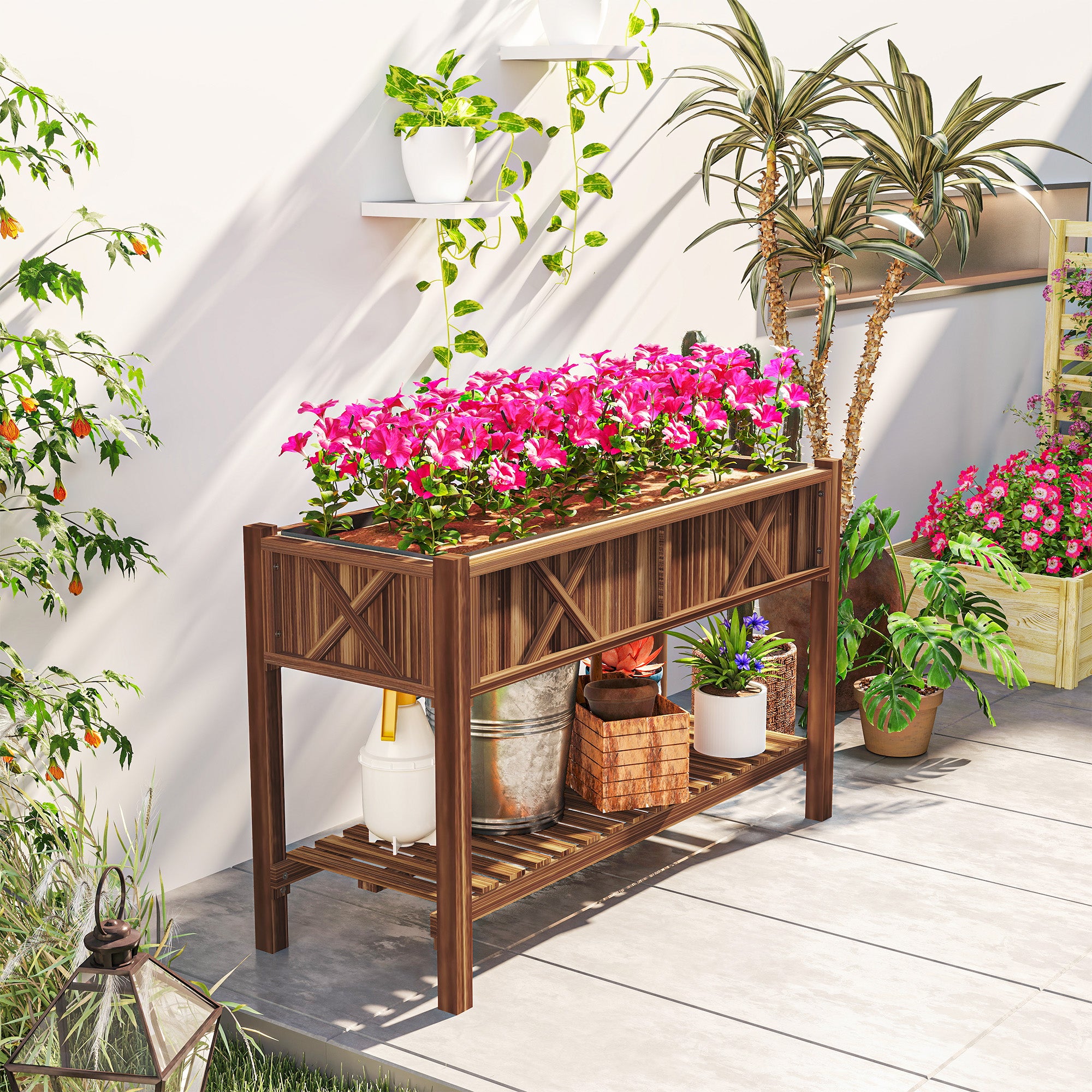Raised Garden Bed, 47 x 22 x 31.5 in Elevated Wood Planter Box with Storage Shelf, Drainage Holes and Liner, Carbonized - Carbonized - Image 8