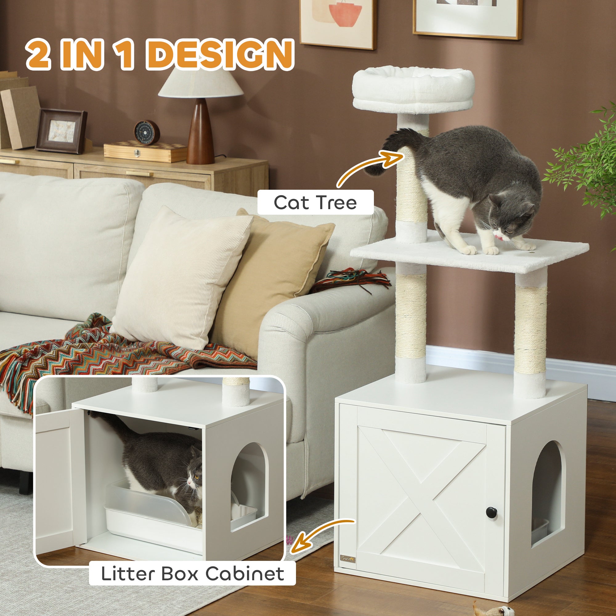 Cat Tree with Litter Box Enclosure, Scratching Posts, Bed, Climbing Platforms for Indoor Cats, White - White - Image 4