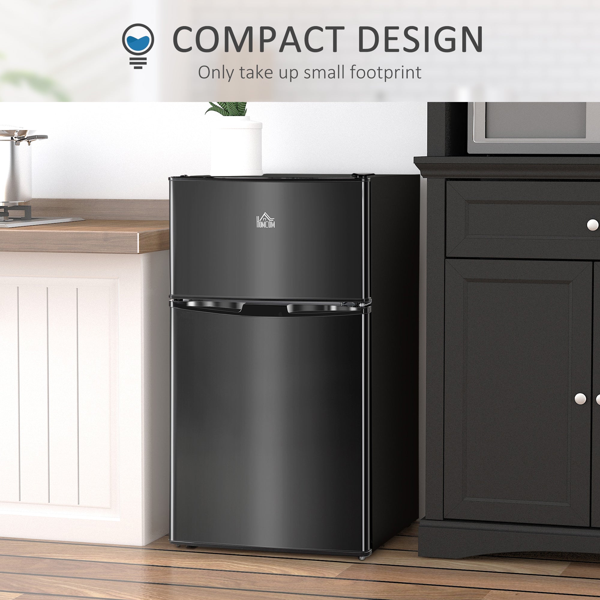 3.2 Cu.Ft Mini Fridge with Freezer, Compact Refrigerator with Adjustable Thermostat, Shelf and Double Reversible Door for Bedroom, Dorm, Home Office, Energy Efficient, Black