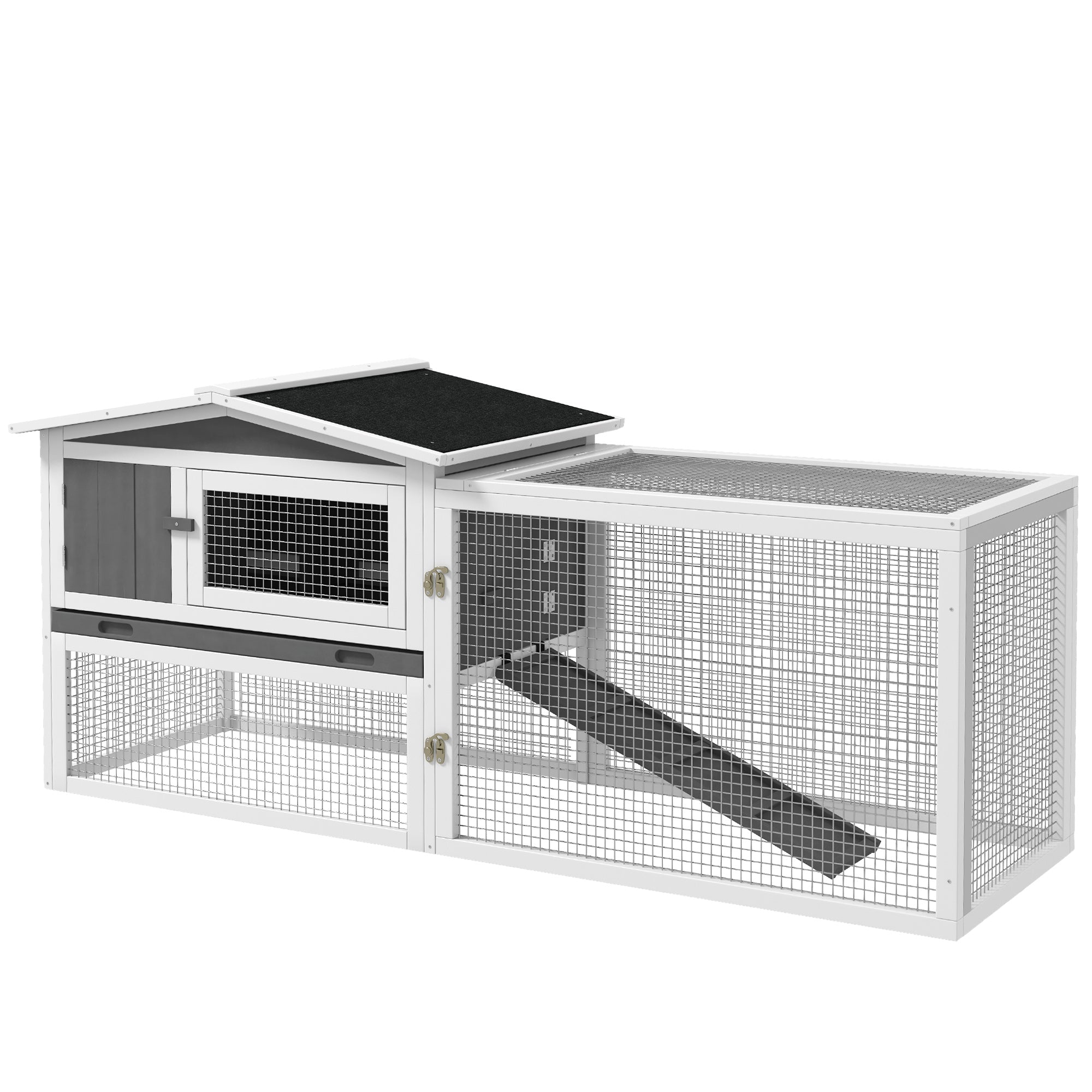 Rabbit Hutch 2-Story Bunny Cage, Guinea Pig Cage Indoor Outdoor, Small Animal House with Slide Out Tray, for Rabbits, Chickens, Ducks, 61.5" x 23" x 27", Light Gray - Light Grey