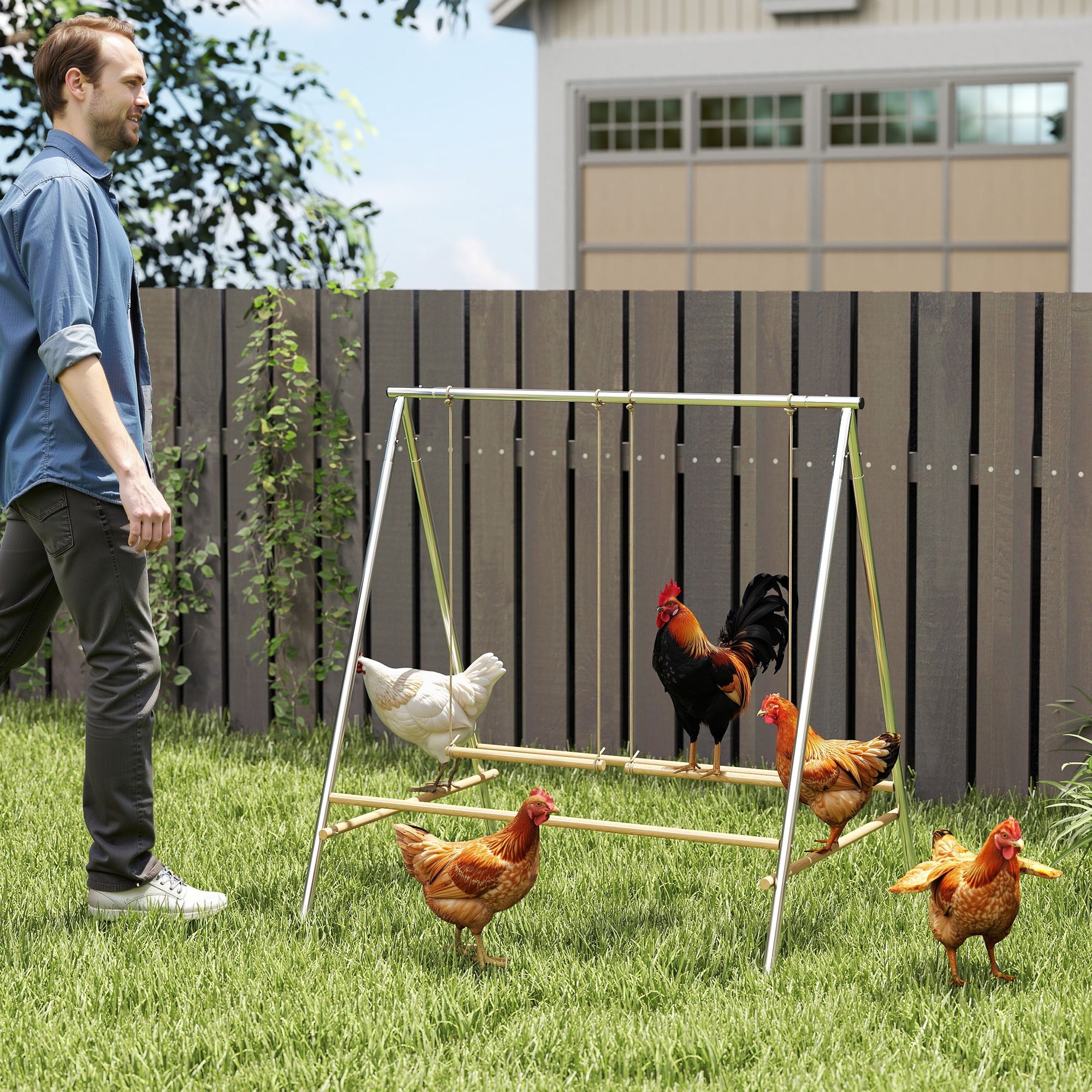 Chicken Perch for Coop, Chicken Roosting Bars with 2 Swings, Coop Accessories for Farm, Backyard, Silver - Silver - Image 2