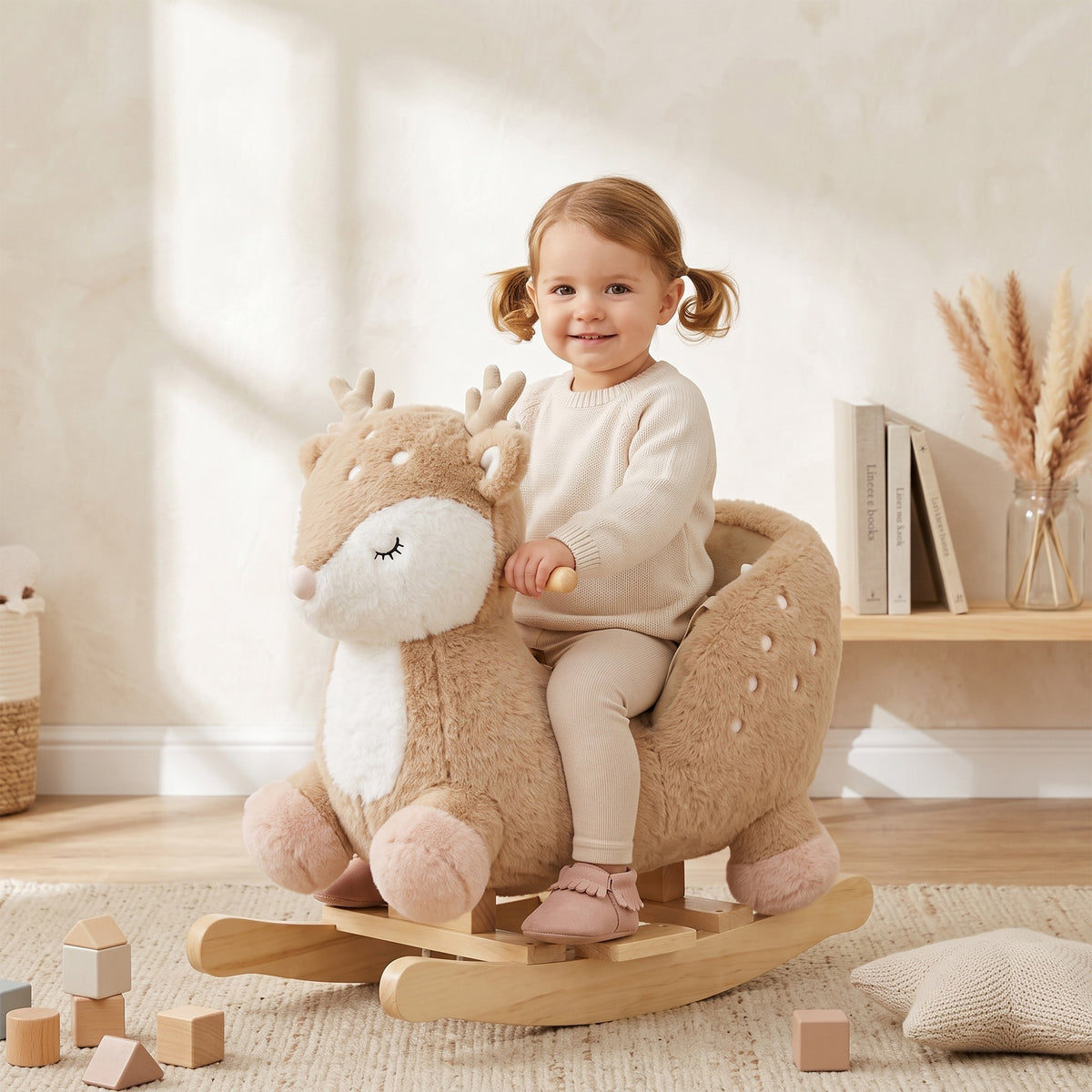 Baby Rocking Horse for Toddlers 1-3 Years, Spotted Deer Rocking Horse Toy with Sounds, Seat Belt and Widened Base, Brown