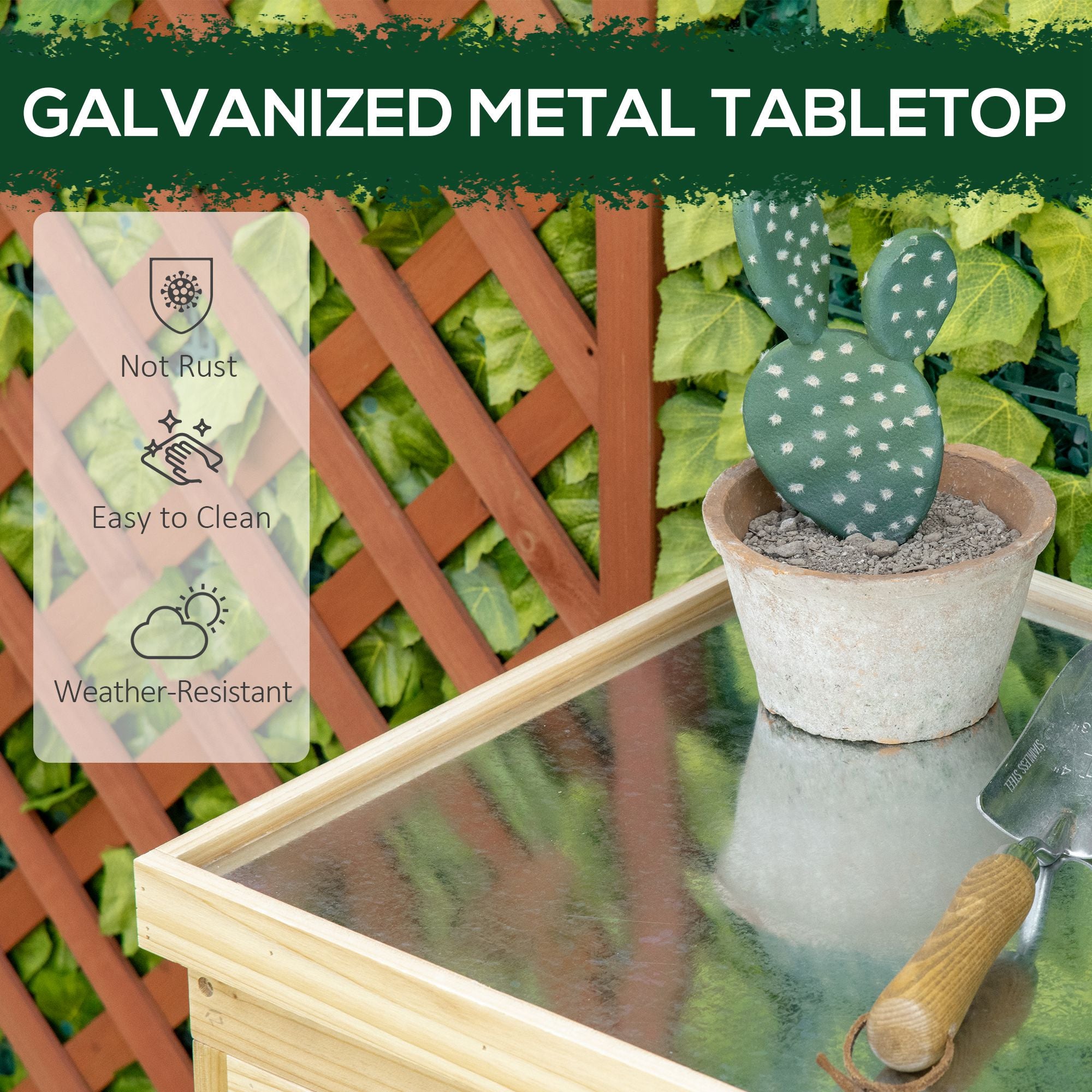 Garden Storage Cabinet, Outdoor Tool Shed with Galvanized Top and Two Shelves for Yard Tools or Pool Accessories, Natural - Natural Wood - Image 5