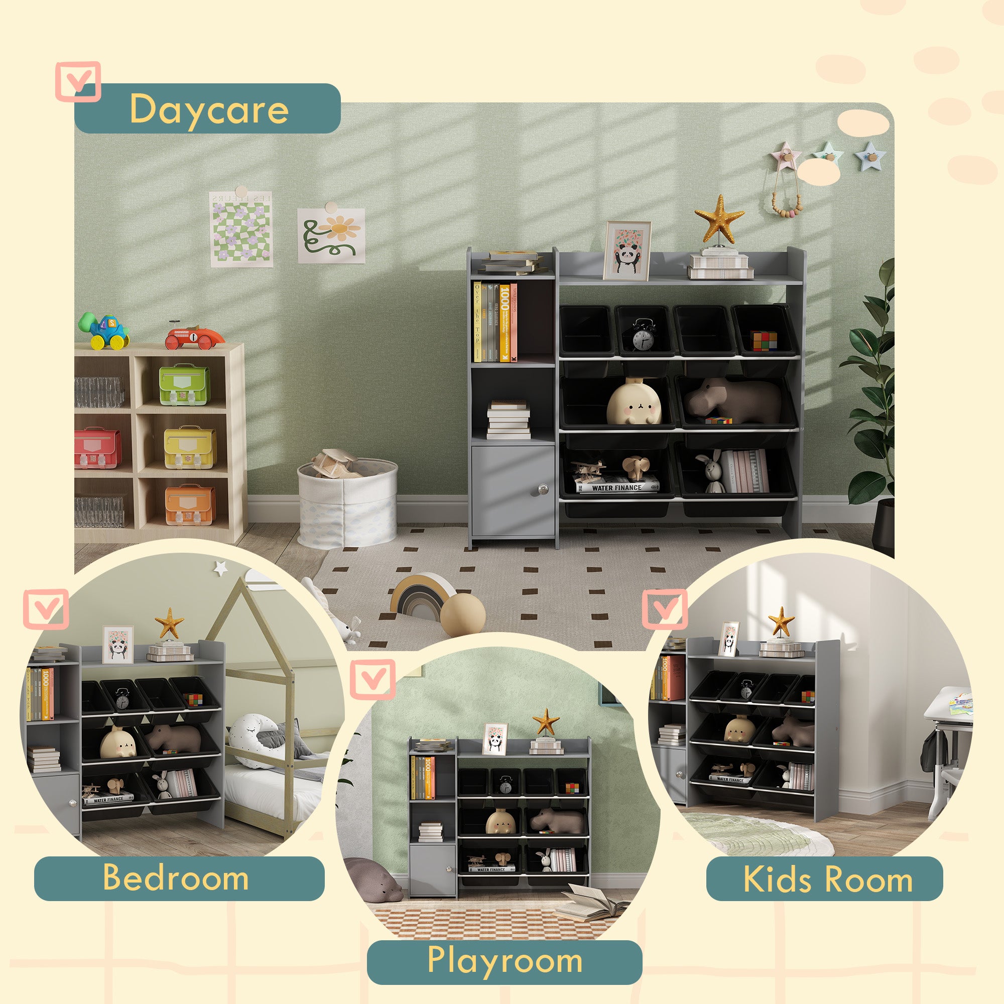 Toy Storage Organizer with 8 Bins, 2 Storage Cubbies, Shelf, Drawer, Gray