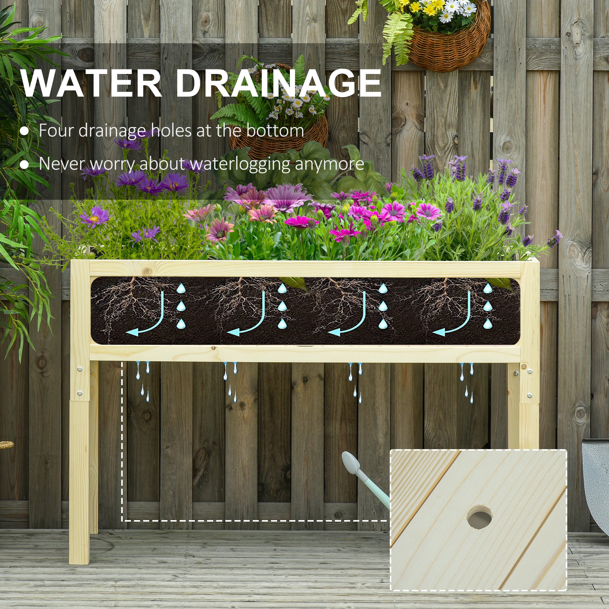 Raised Garden Bed Elevated Wooden Planter Box with Space-Saving Folding Design, Drainage Holes, & Inner Liner for Vegetable Fruit Herb Grow - Wood color - Image 5
