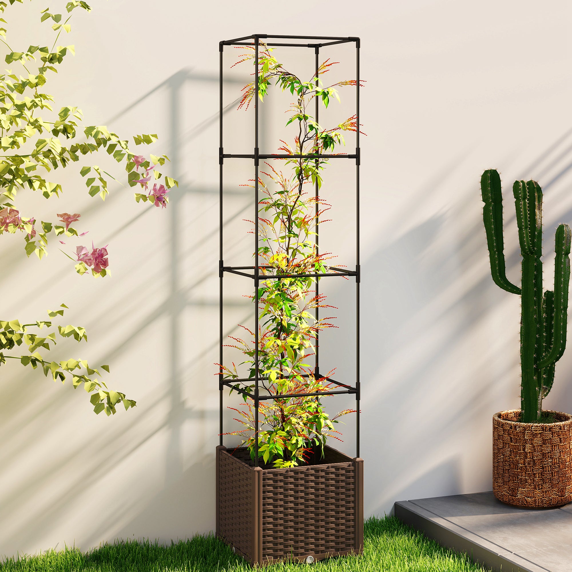 Raised Garden Bed with Trellis, Tomato Cage with Lockable Wheels, Self Watering Planter Box with Drainage Holes, Brown - Brown - Image 2