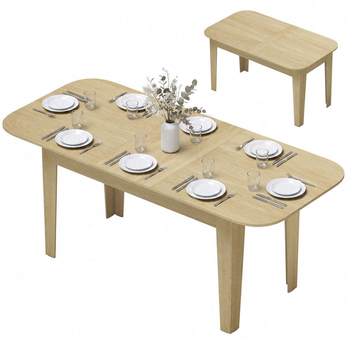 Extendable Oval Dining Table for 4-6, Farmhouse Expandable Kitchen Table, Round Edges, Oak