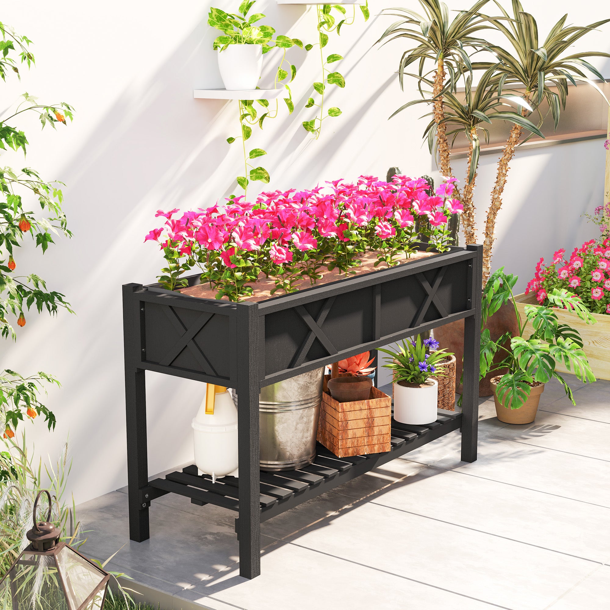 Raised Garden Bed, 47 x 22 x 31.5 in. Elevated Wood Planter Box with Storage Shelf, Drainage Holes, and Liner, Black - Black - Image 8