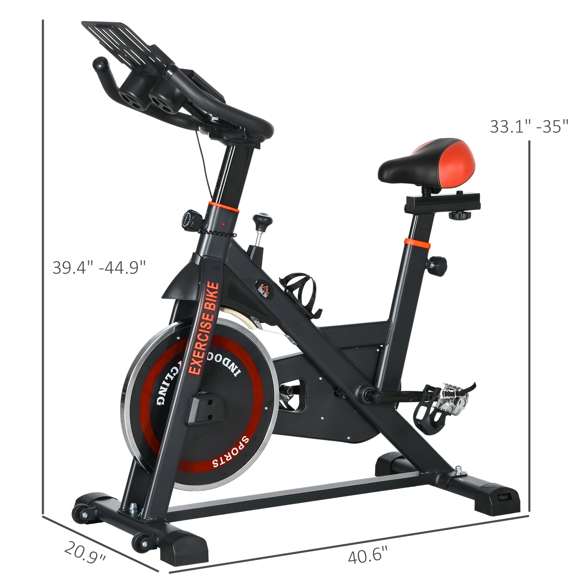 Exercise Bike, Flywheel Indoor Stationary Bike, Adjustable Height and Resistance, with LCD Monitor, Comfortable Seat Cushion, 264 lbs Capacity, Black and Red
