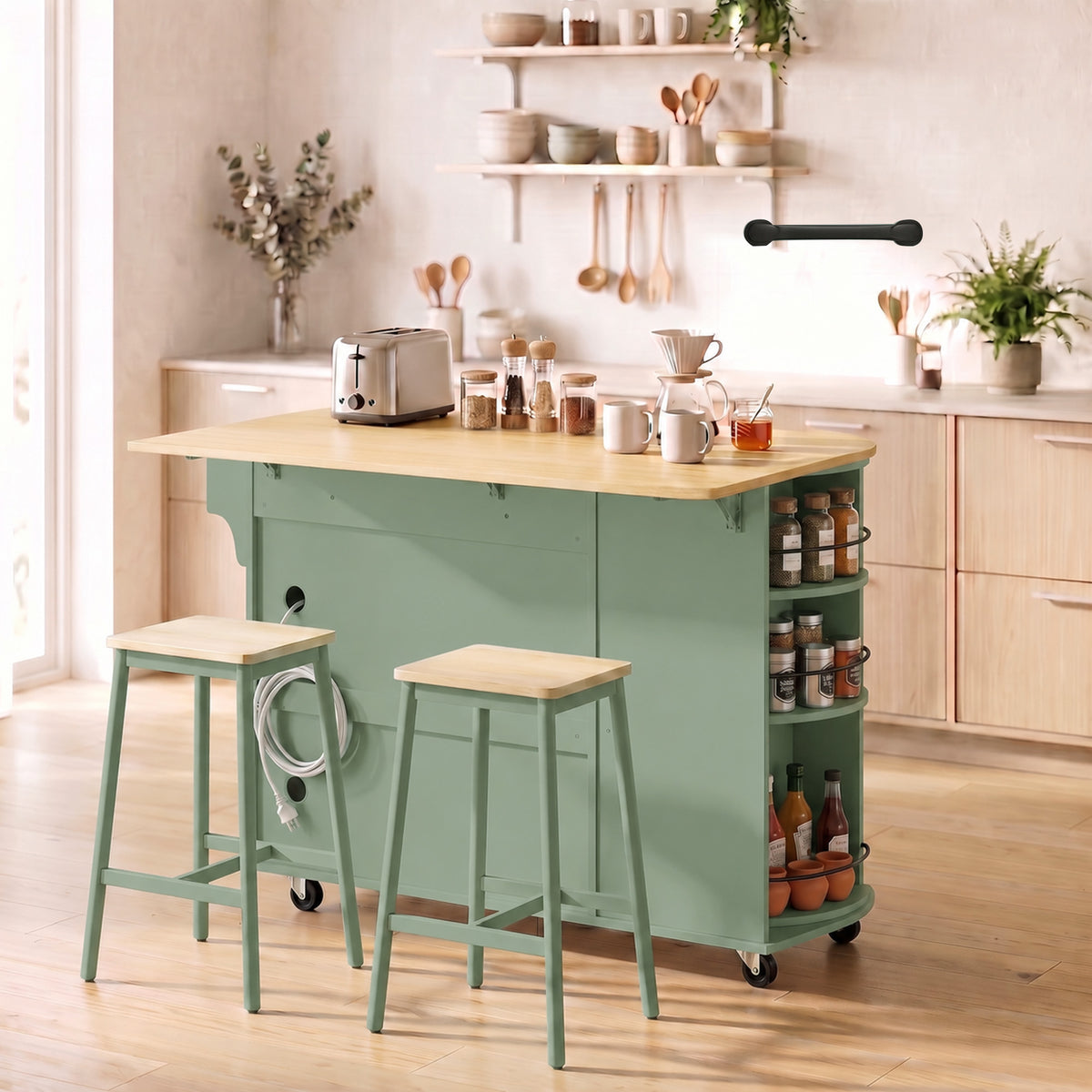 53" Kitchen Island with Power Outlet and Drop Leaf, Kitchen Cart on Wheels with 360° Rotating Rack, Sage Green