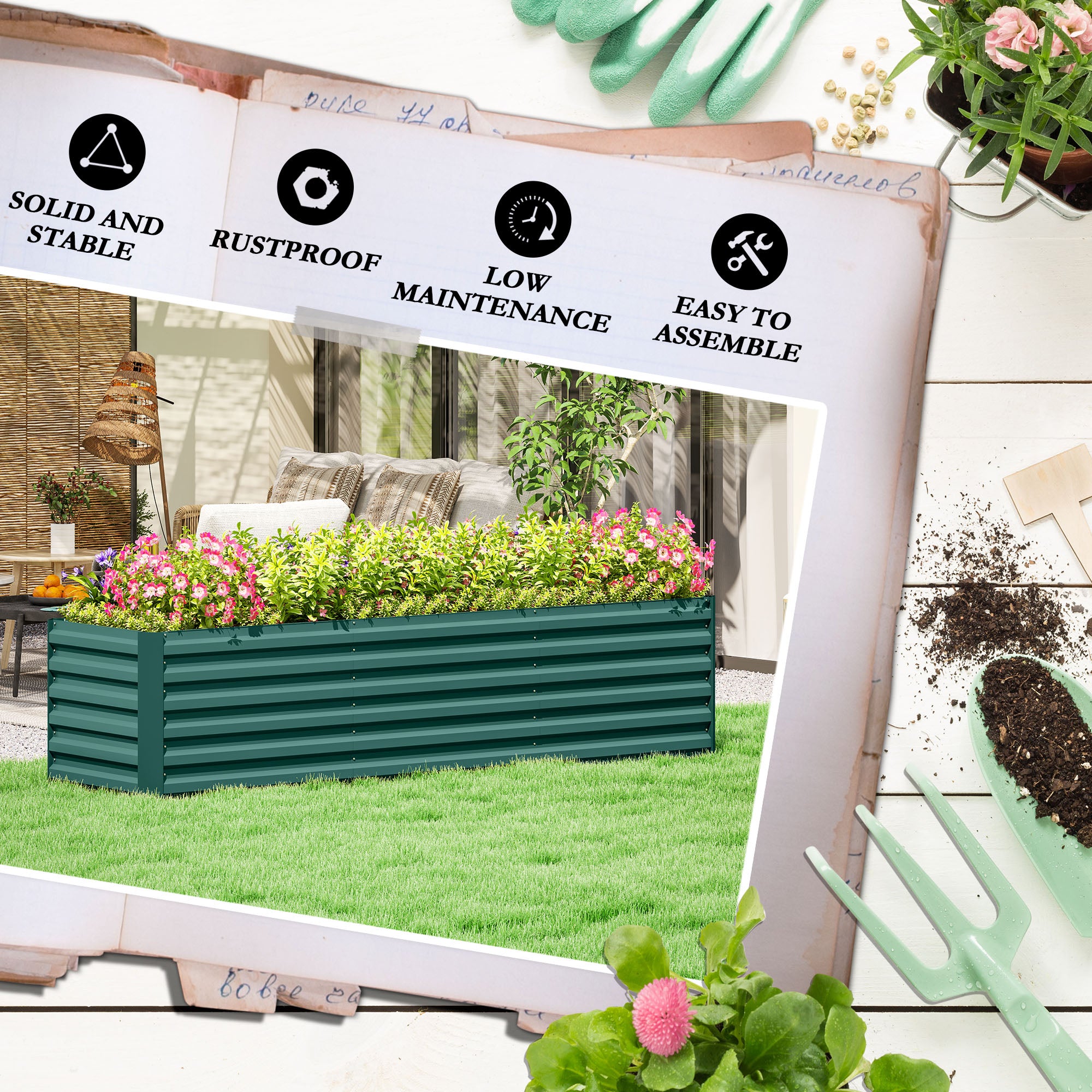 8x2x2ft Galvanized Raised Garden Bed Kit with Safety Edging for Flowers, Herbs and Vegetables, Green - Green - Image 7