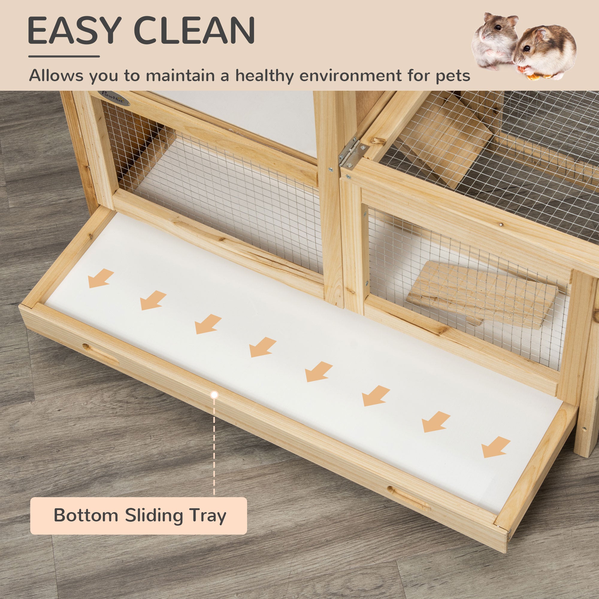 2-Tier Wooden Hamster Cage, Small Animals Hutch, w/ Seesaw, Tray - Natural Wood - Image 5