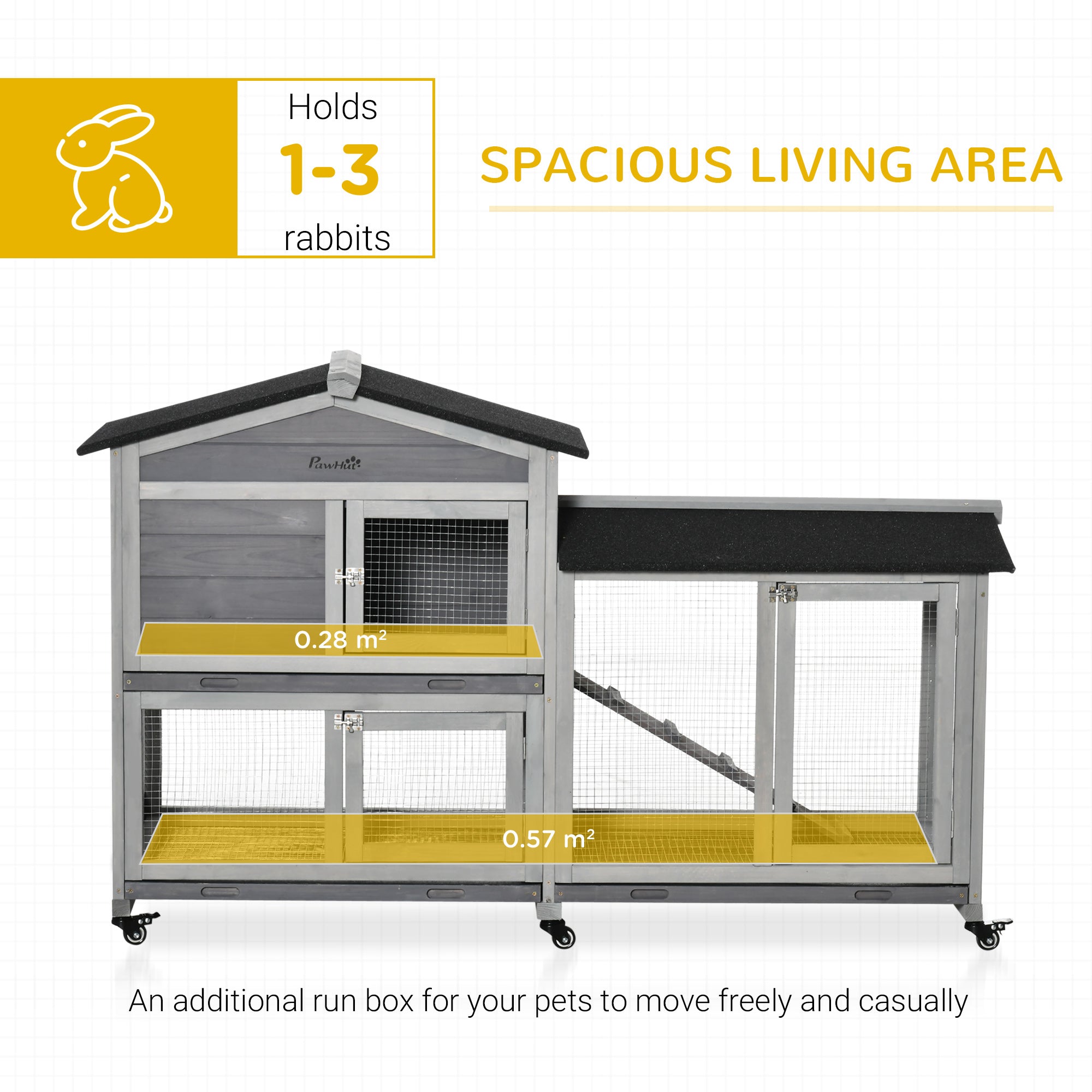 62" Wooden Mobile Rabbit Hutch with Wheels, Run Box, Slide-out Tray, Ramp - Light Grey - Image 4
