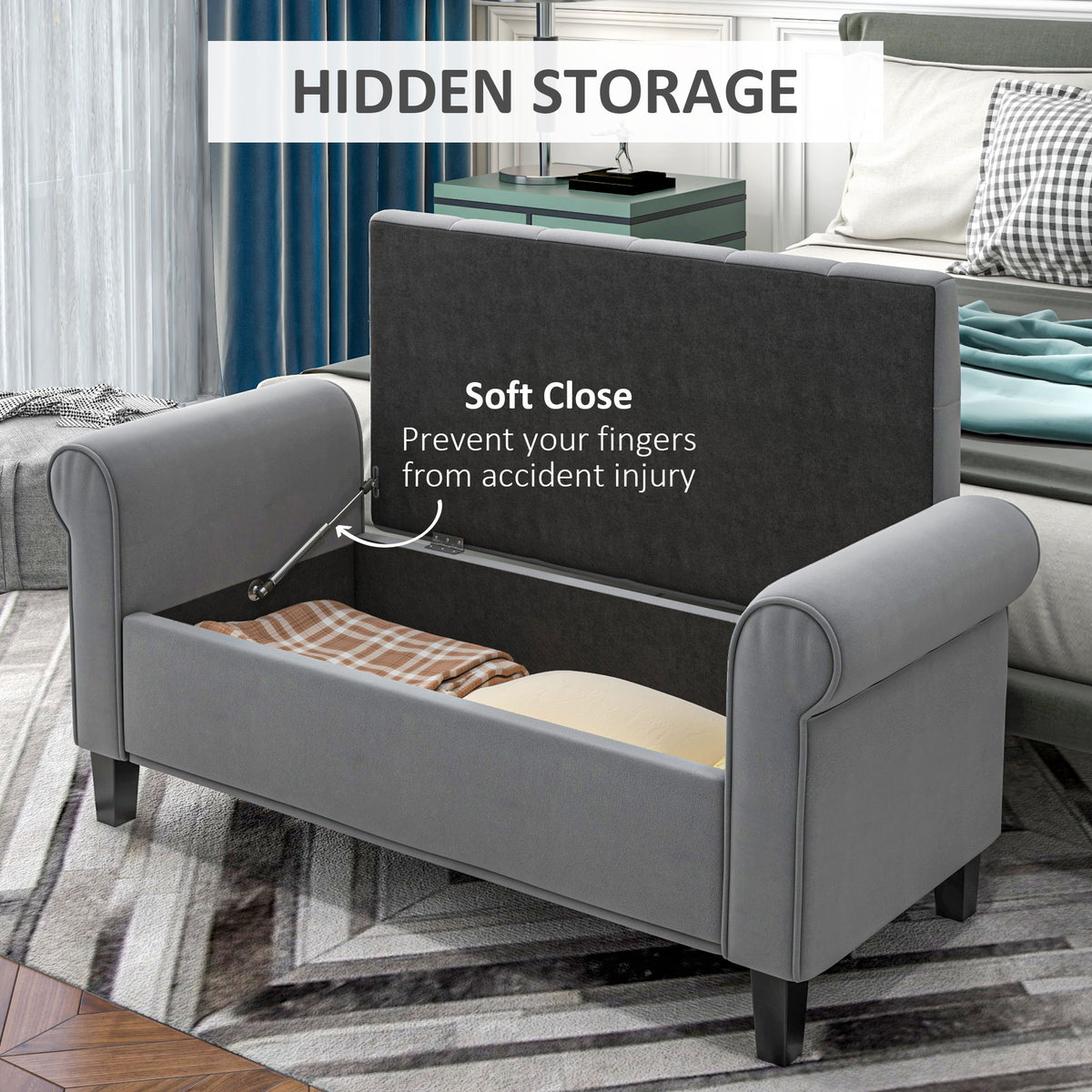 50 Inches Storage Ottoman, End of Bed Bench with Rolled Arms, Wood Legs, Button Tufted Storage Bench, Charcoal Gray