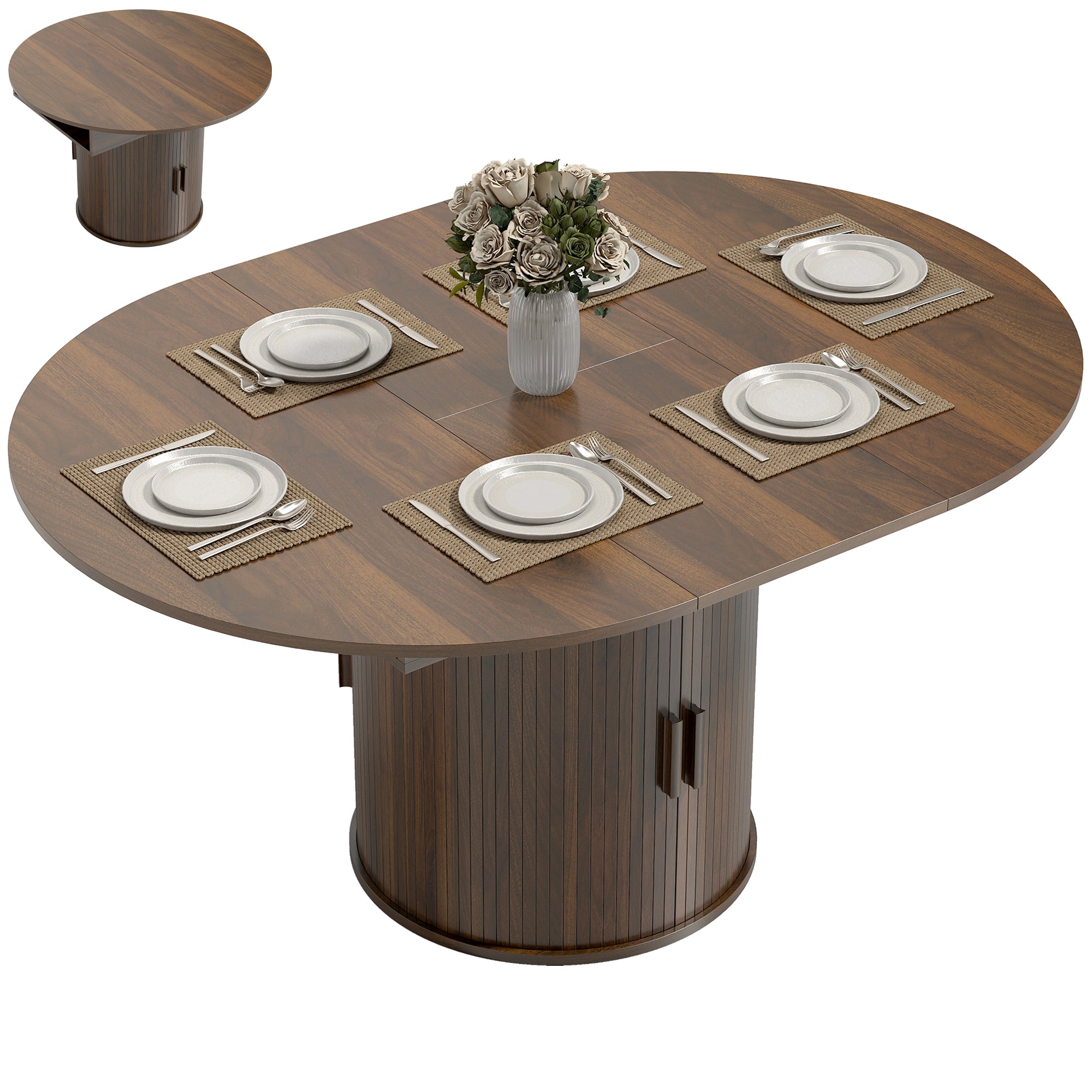 Extendable Dining Table for 6, 60" Farmhouse Kitchen Table with 2-Tier Storage Shelf and Fluted Sliding Doors, Walnut