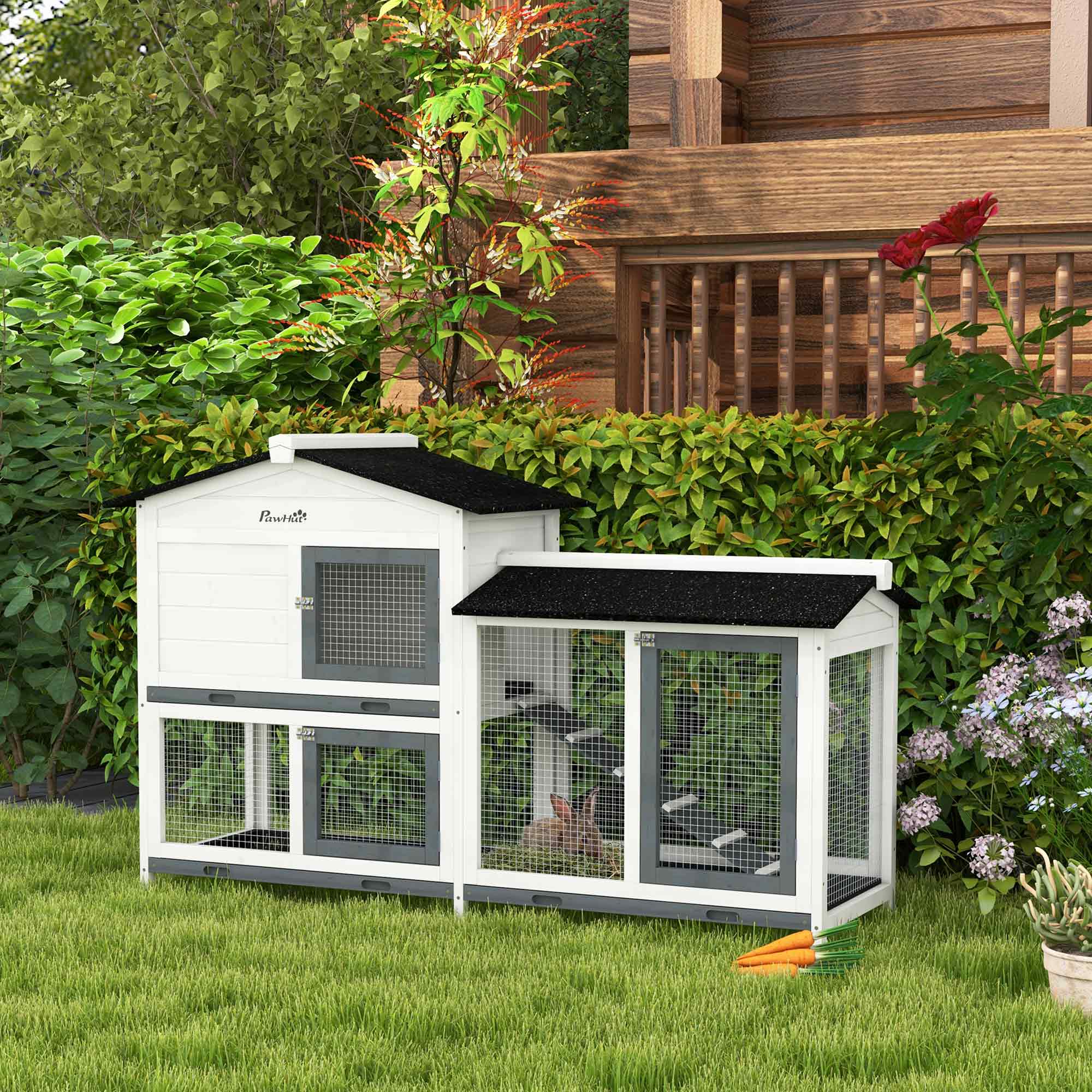 62" Rabbit Hutch, Wooden Bunny Hutch, Guinea Pig Cage, Small Animal Enclosure with Run Area, Removable Tray, Asphalt Roof, Lockable Doors and Ramp, for Rabbits, Chickens, Ducks, White - White - Image 2