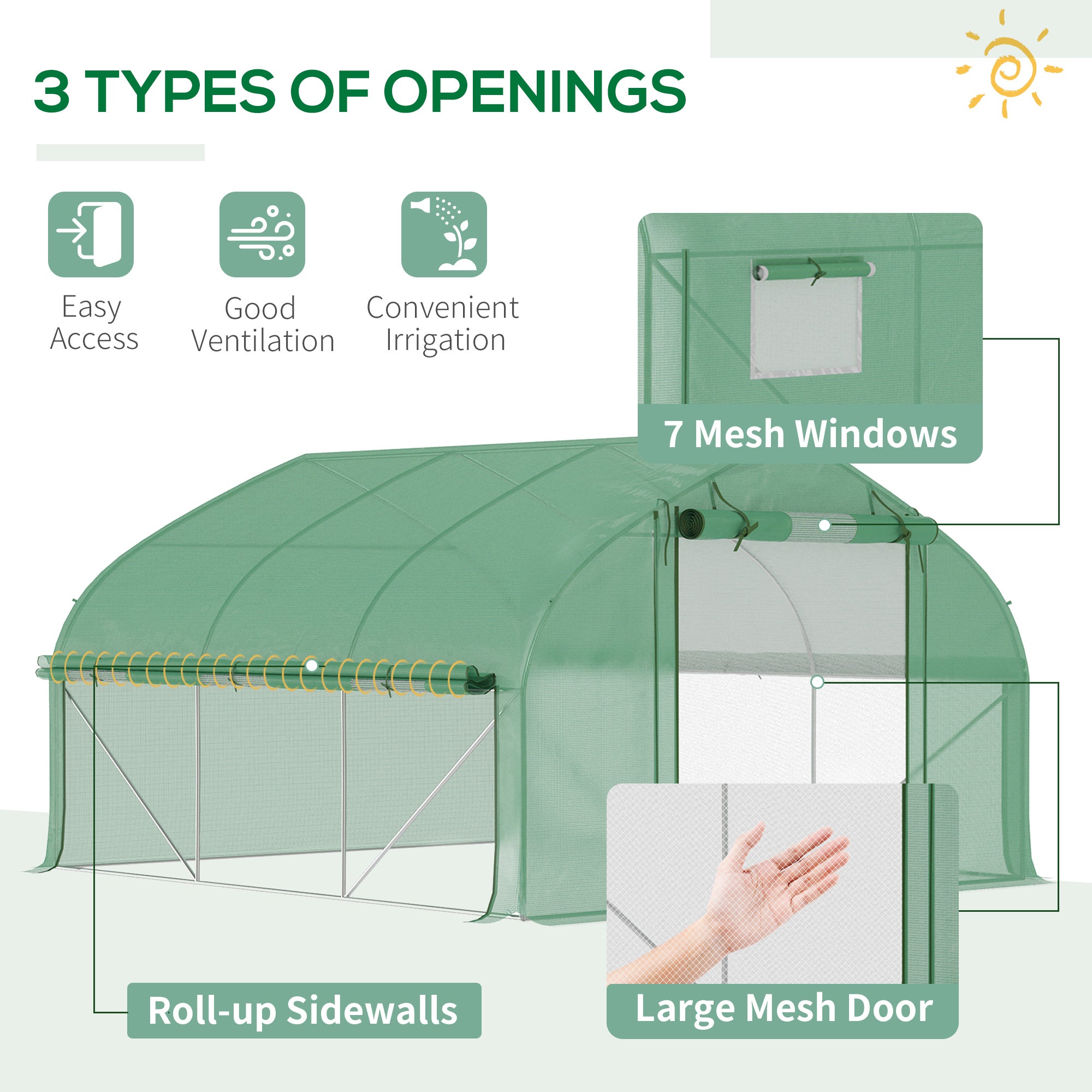 11.5' x 10' x 6.5' Walk-in Tunnel Greenhouse, Green House with Zippered Mesh Door, 7 Mesh Windows & Roll-up Sidewalls, Upgraded Gardening Plant Hot House with Galvanized Steel Hoops, Green - Green - Image 4