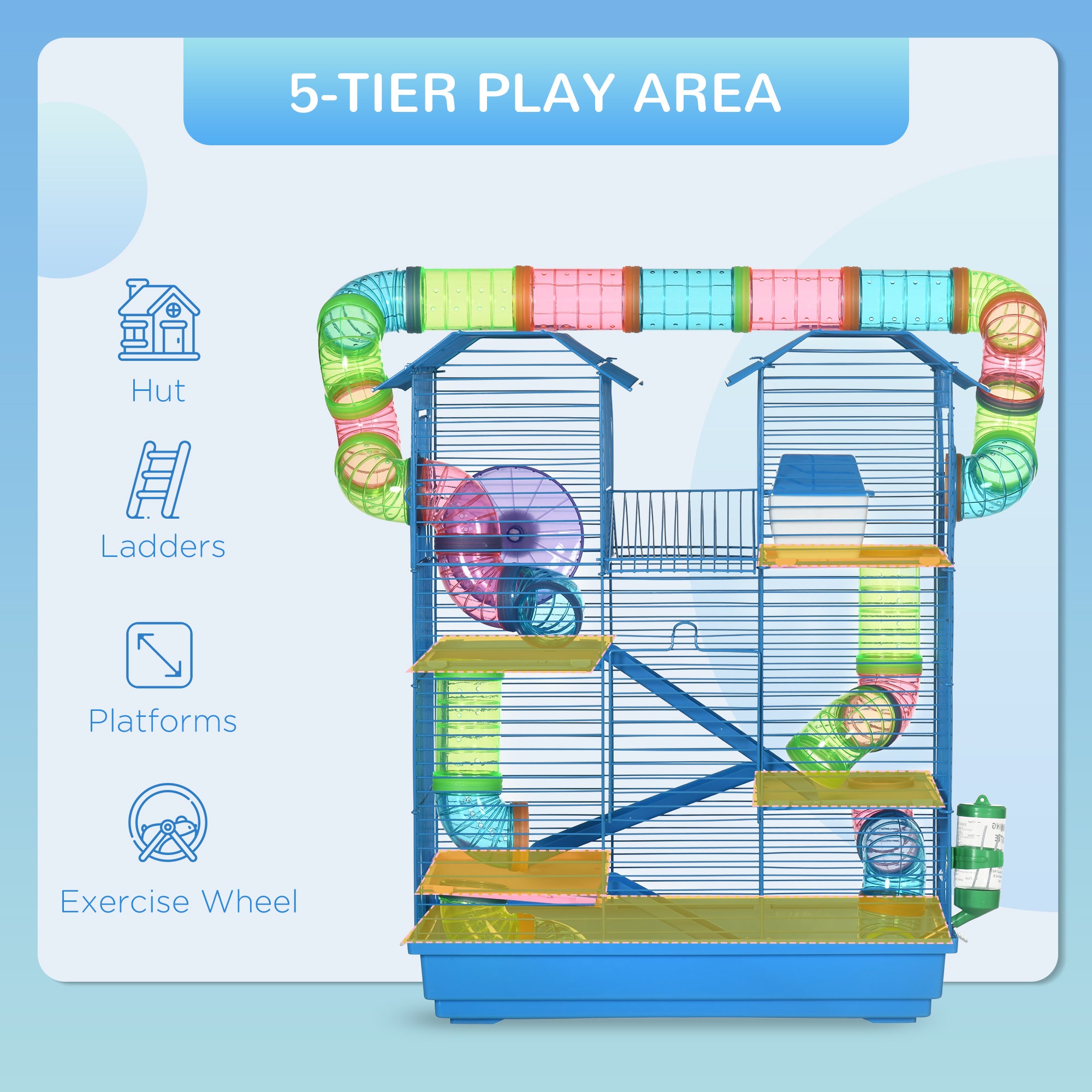 18.5" 5 Tier Hamster Cage with Tubes and Tunnels, Small Animal Cage, Rat Gerbil Cage with Water Bottle, Food Dish, Exercise Wheel, Blue - Sky Blue - Image 4