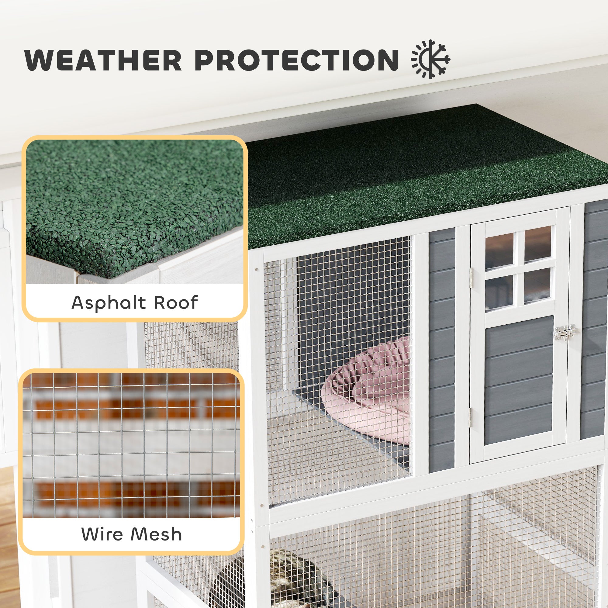 74" Wooden Catio Outdoor Cat Enclosure Weatherproof & Wheeled, Outside Cat House with High Weight Capacity, Kitten Cage Condo, White - Dark Gray - Image 5